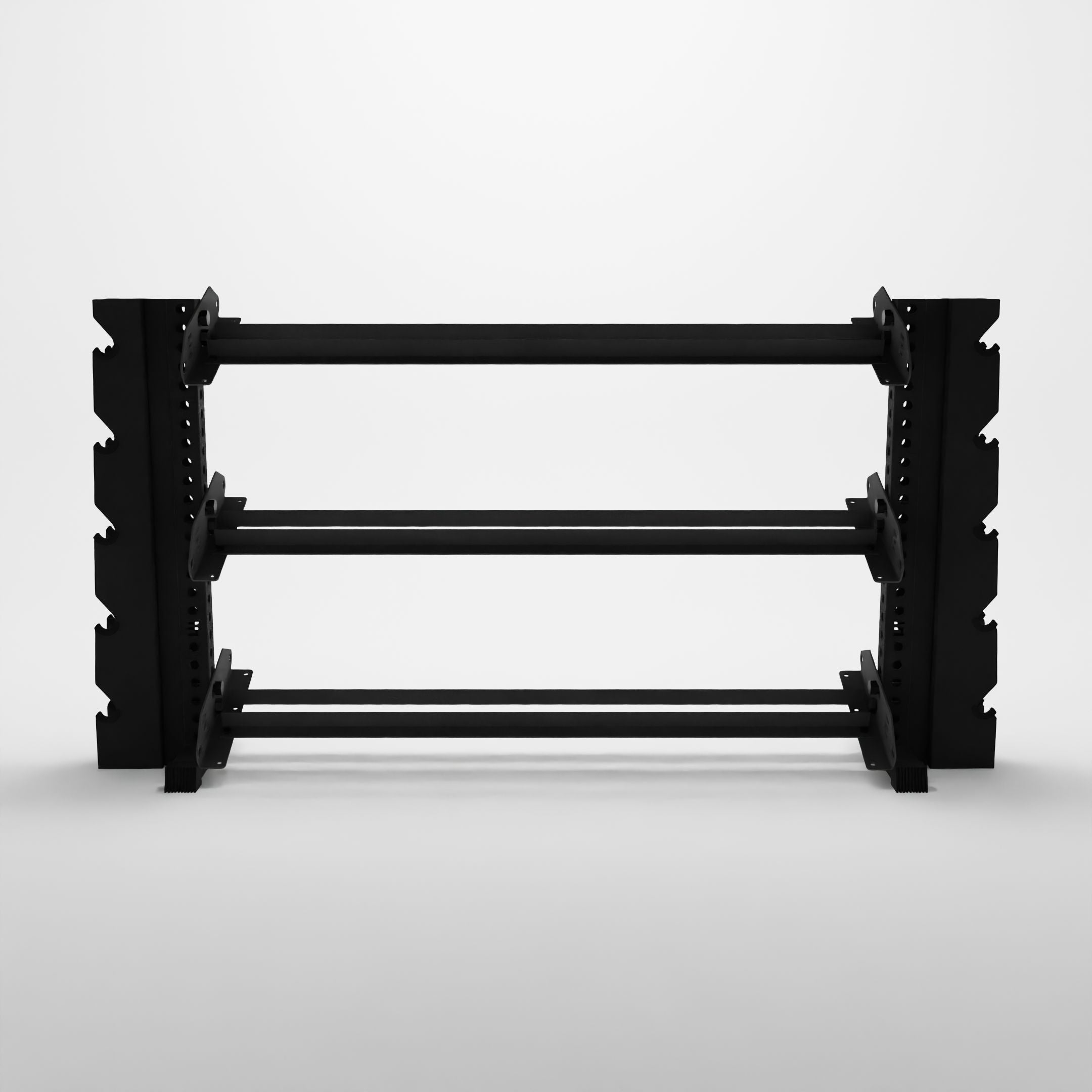 black 70-inch alpha 3-tier horizontal dumbbell rack with elite vertical add-ons