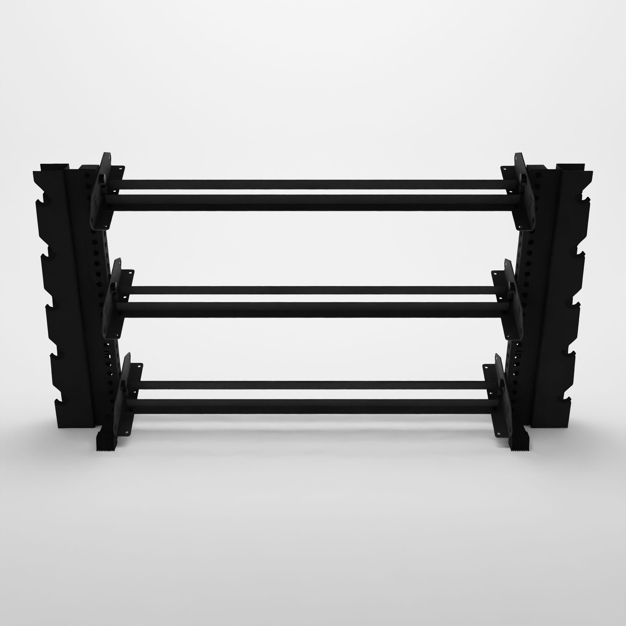 black 70-inch alpha 3-tier horizontal dumbbell rack with elite vertical add-ons