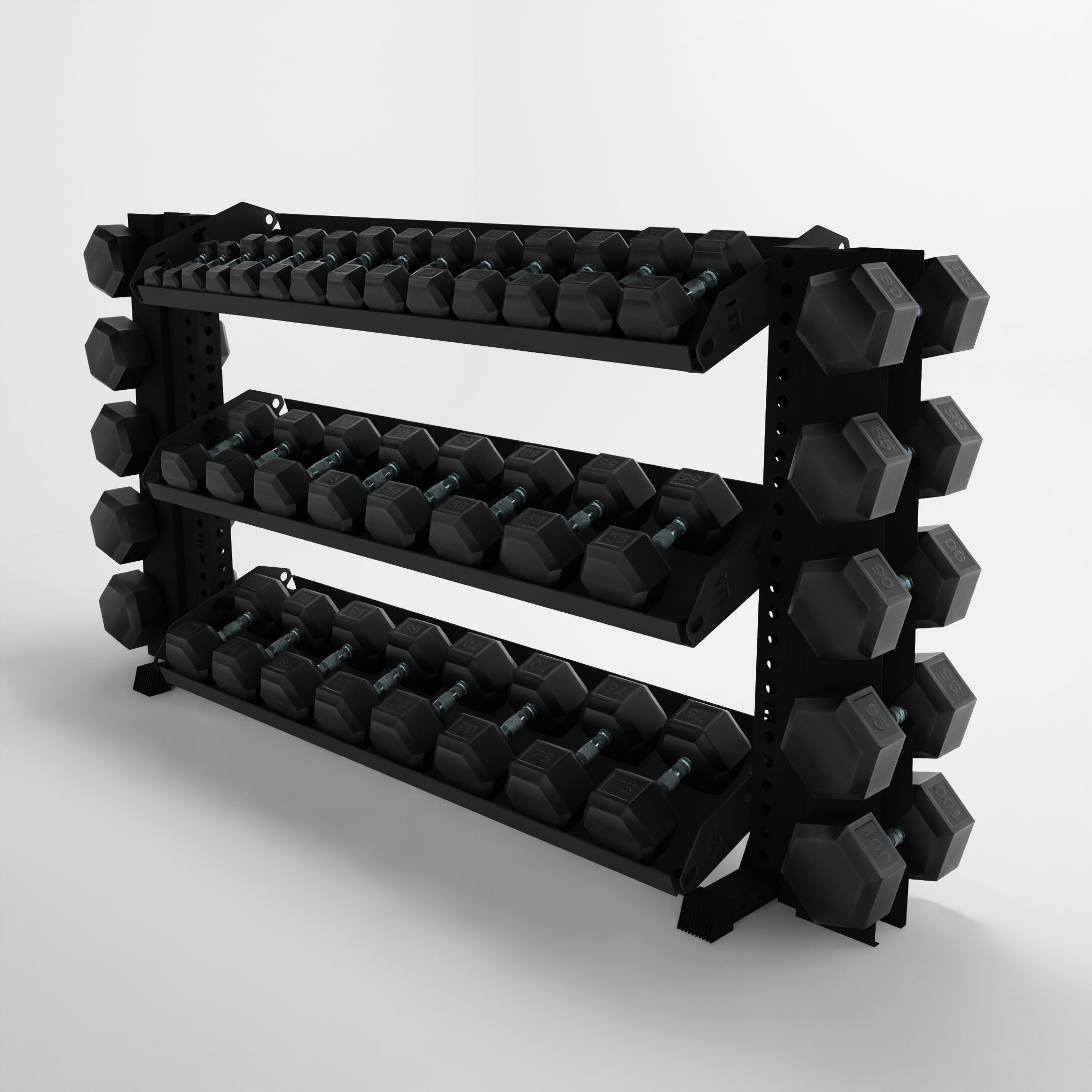 black 70-inch alpha 3-tier horizontal dumbbell rack with elite vertical add-ons and flat shelves storing hex dumbbells side view