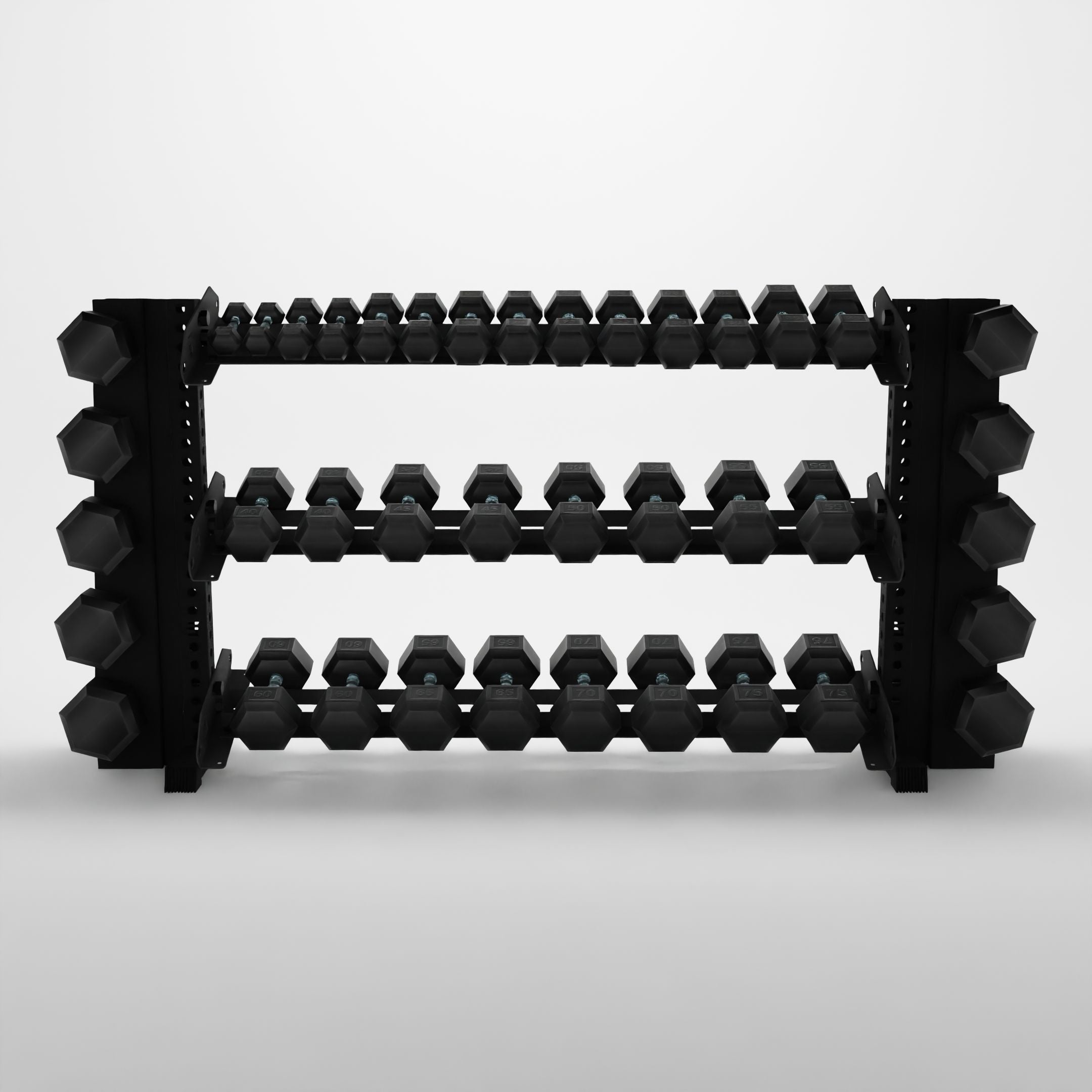 black 70-inch alpha 3-tier horizontal dumbbell rack with elite vertical add-ons storing hex dumbbells