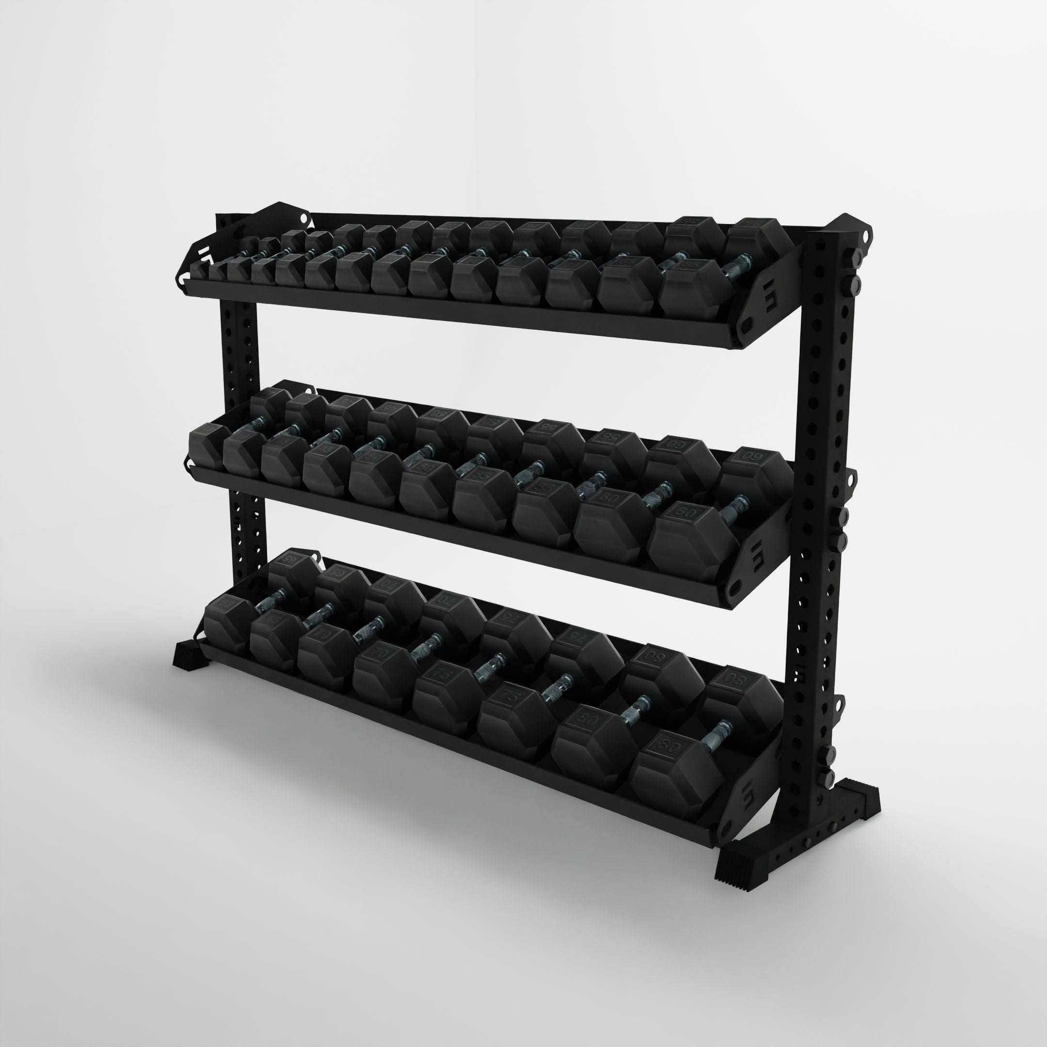 black 70-inch alpha 3-tier horizontal dumbbell rack with flat shelves storing hex dumbbells side view