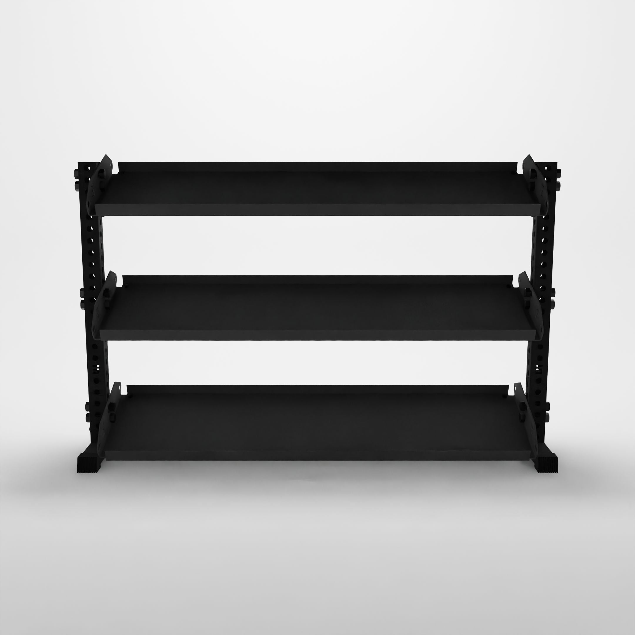 black 70-inch alpha 3-tier horizontal dumbbell rack with flat shelving