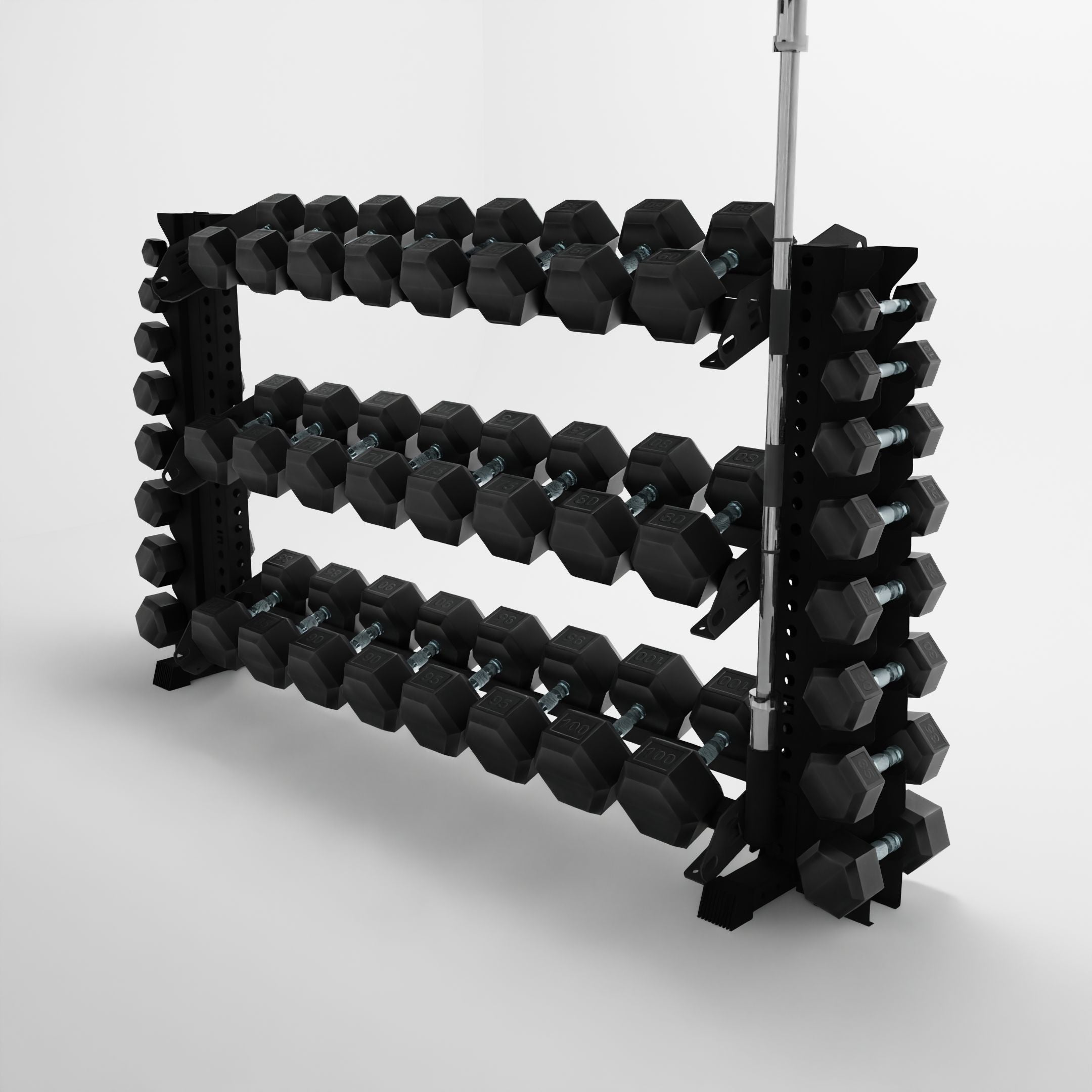 black 70-inch alpha 3-tier horizontal dumbbell rack with vertical add-ons storing dumbbells and a barbell using a storage attachment accessory 