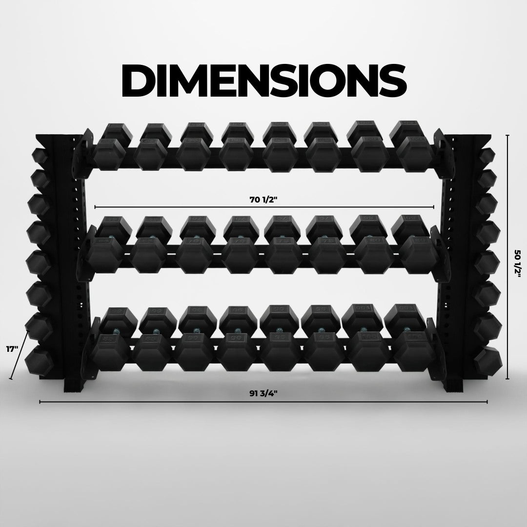 black 70-inch alpha 3-tier horizontal dumbbell rack with vertical add-ons dimensions