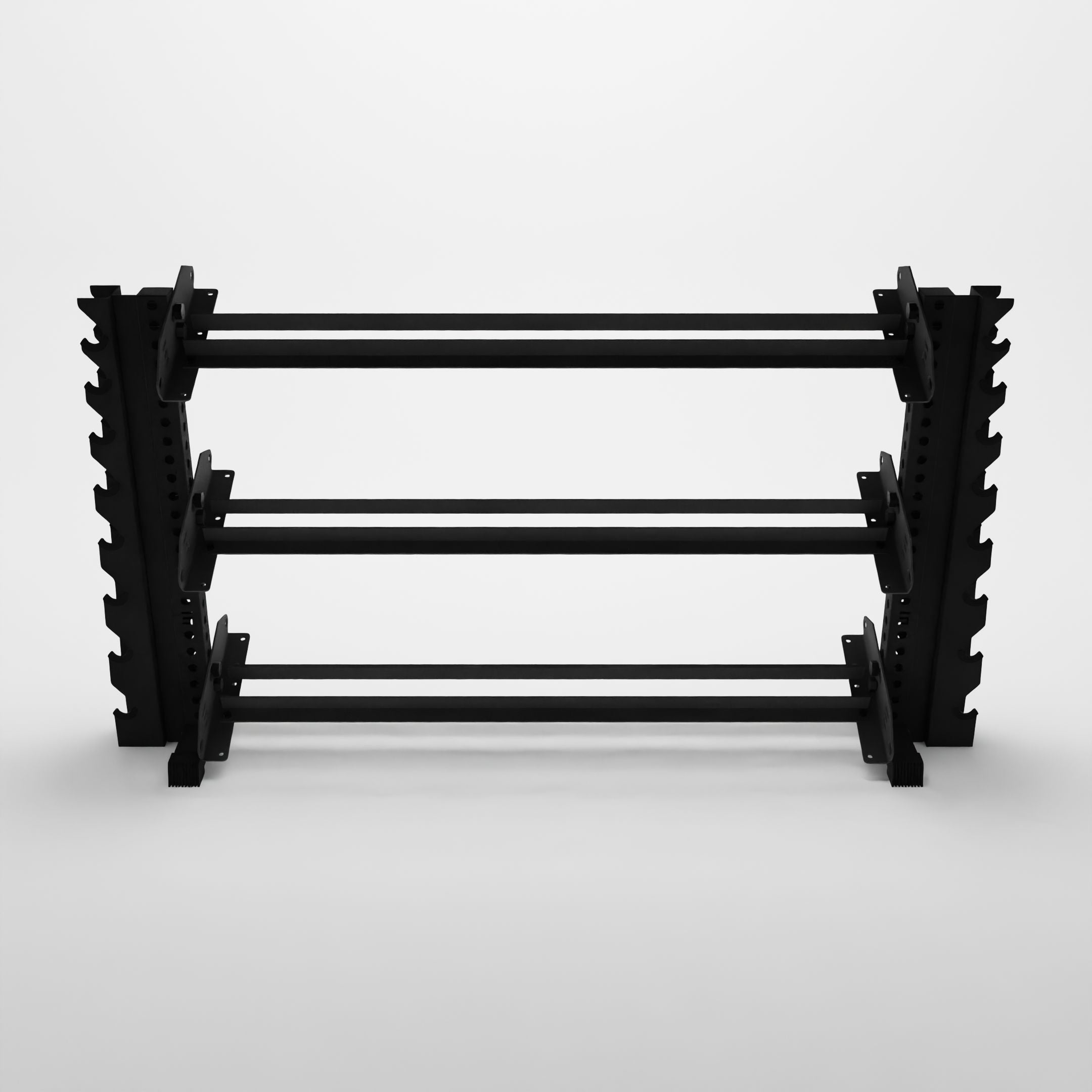 black 7-inch alpha 3-tier horizontal dumbbell rack with vertical add-ons