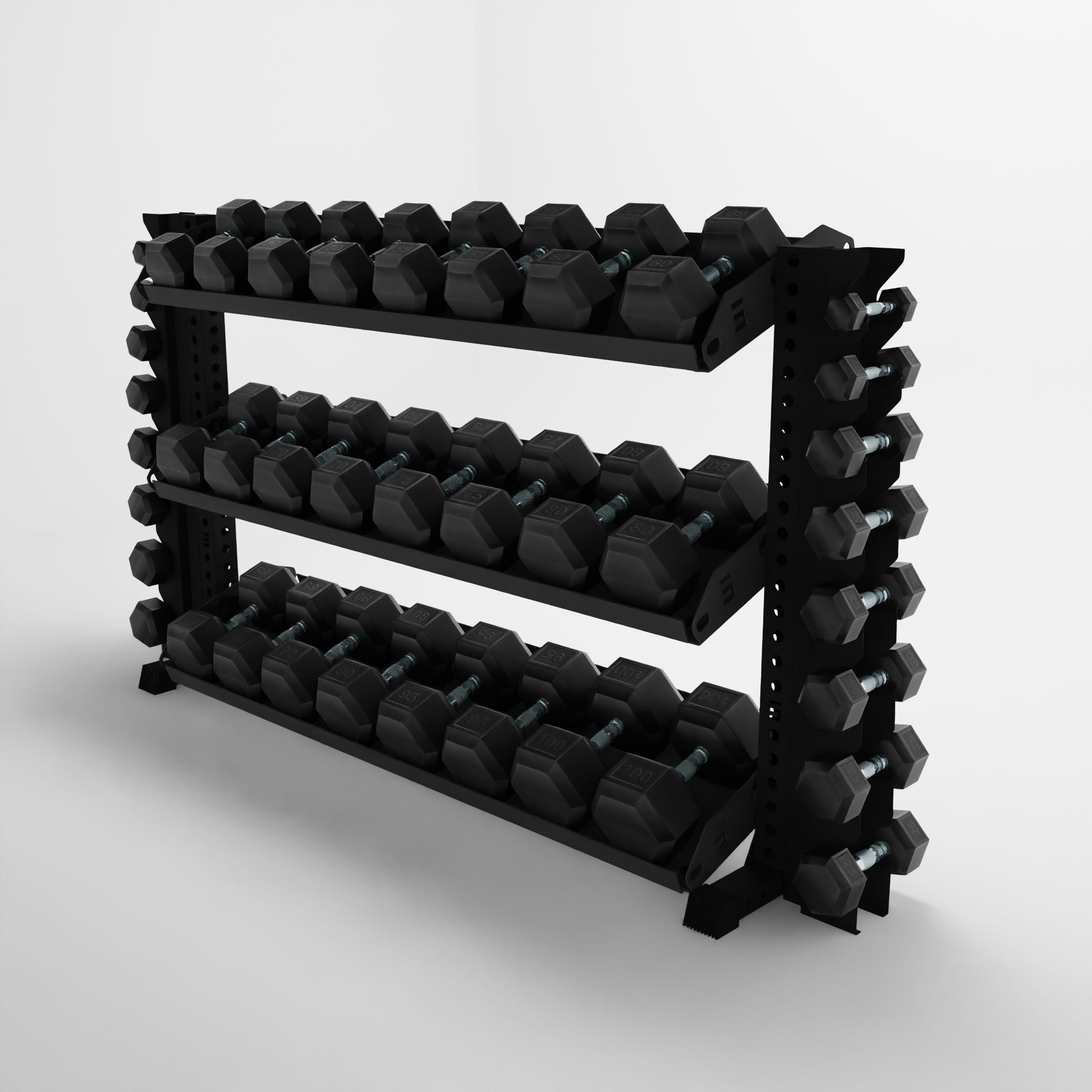 black 70-inch alpha 3-tier horizontal dumbbell rack with vertical add-ons and flat shelves storing hex dumbbells side view