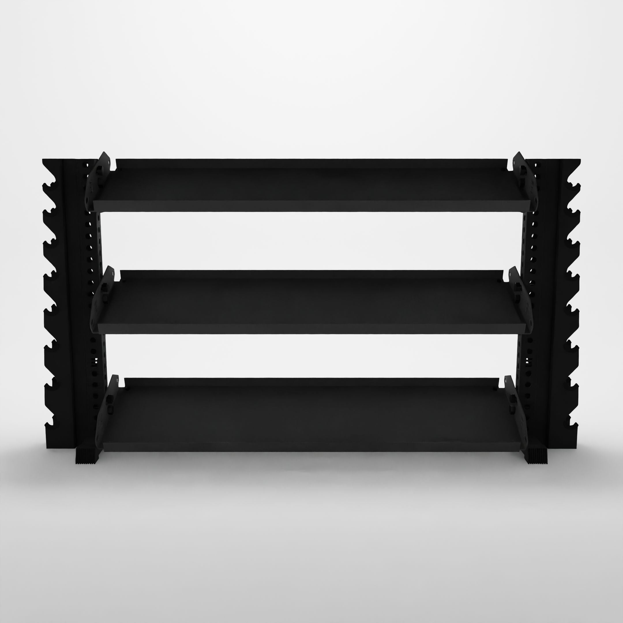 black 70-inch alpha 3-tier horizontal dumbbell rack with vertical add-ons and flat shelving