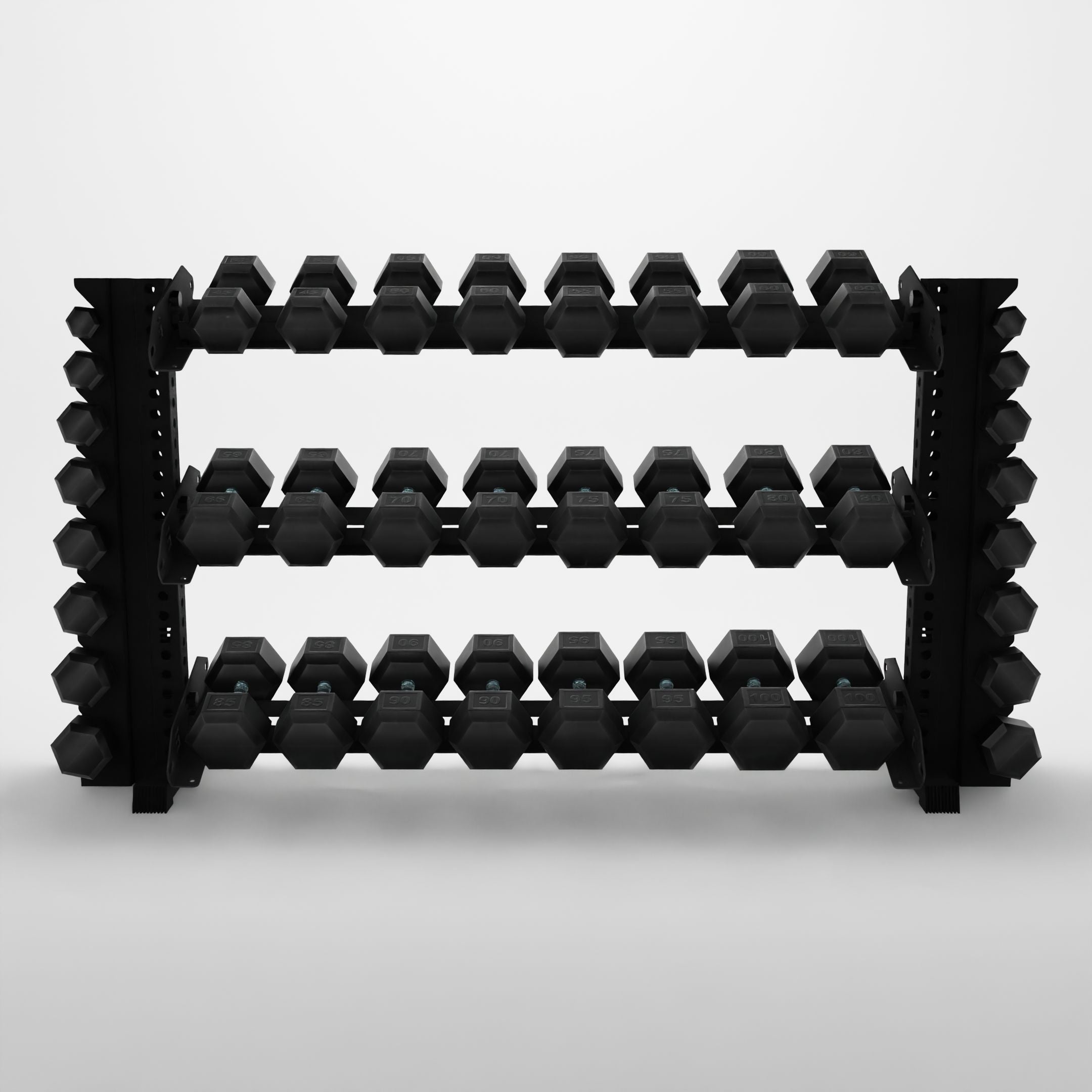 black 70-inch alpha 3-tier horizontal dumbbell rack with vertical add-ons storing hex dumbbells