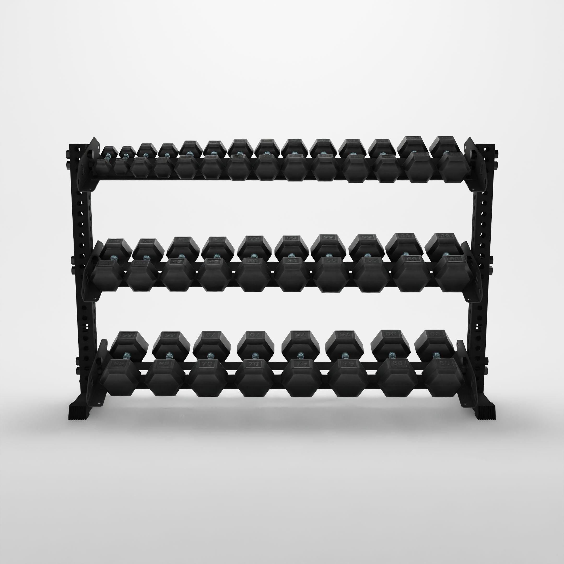 black 70-inch alpha 3-tier horizontal dumbbell rack storing hex dumbbells