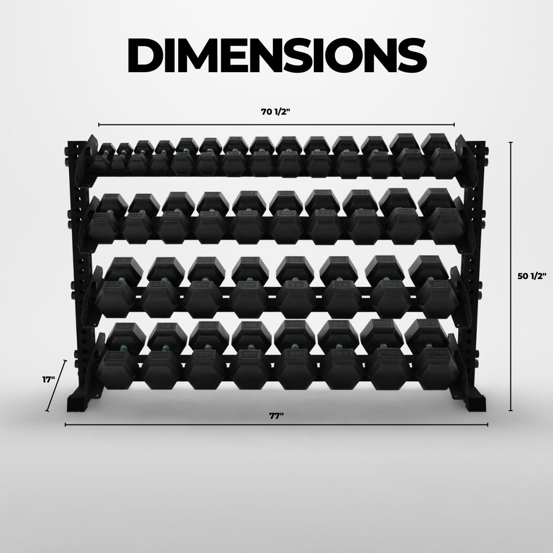 black 70-inch alpha 4-tier horizontal dumbbell rack dimensions