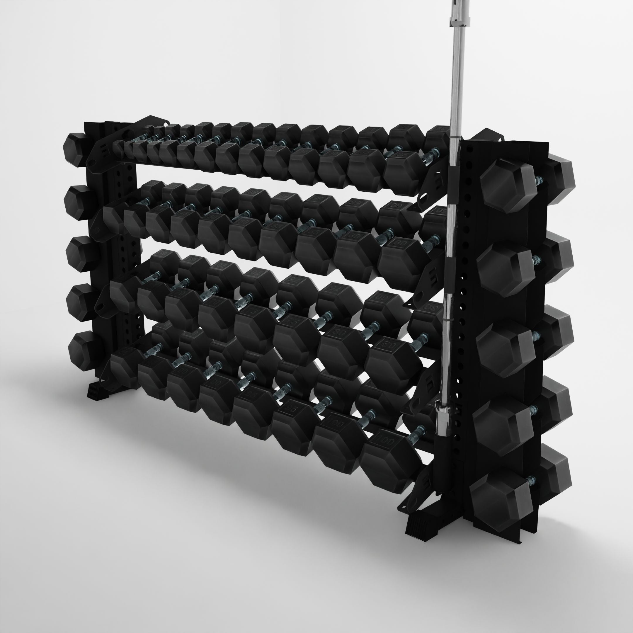 black 70-inch alpha 4-tier horizontal dumbbell rack with elite vertical add-ons storing hex dumbbells and a barbell using a storage attachment accessory