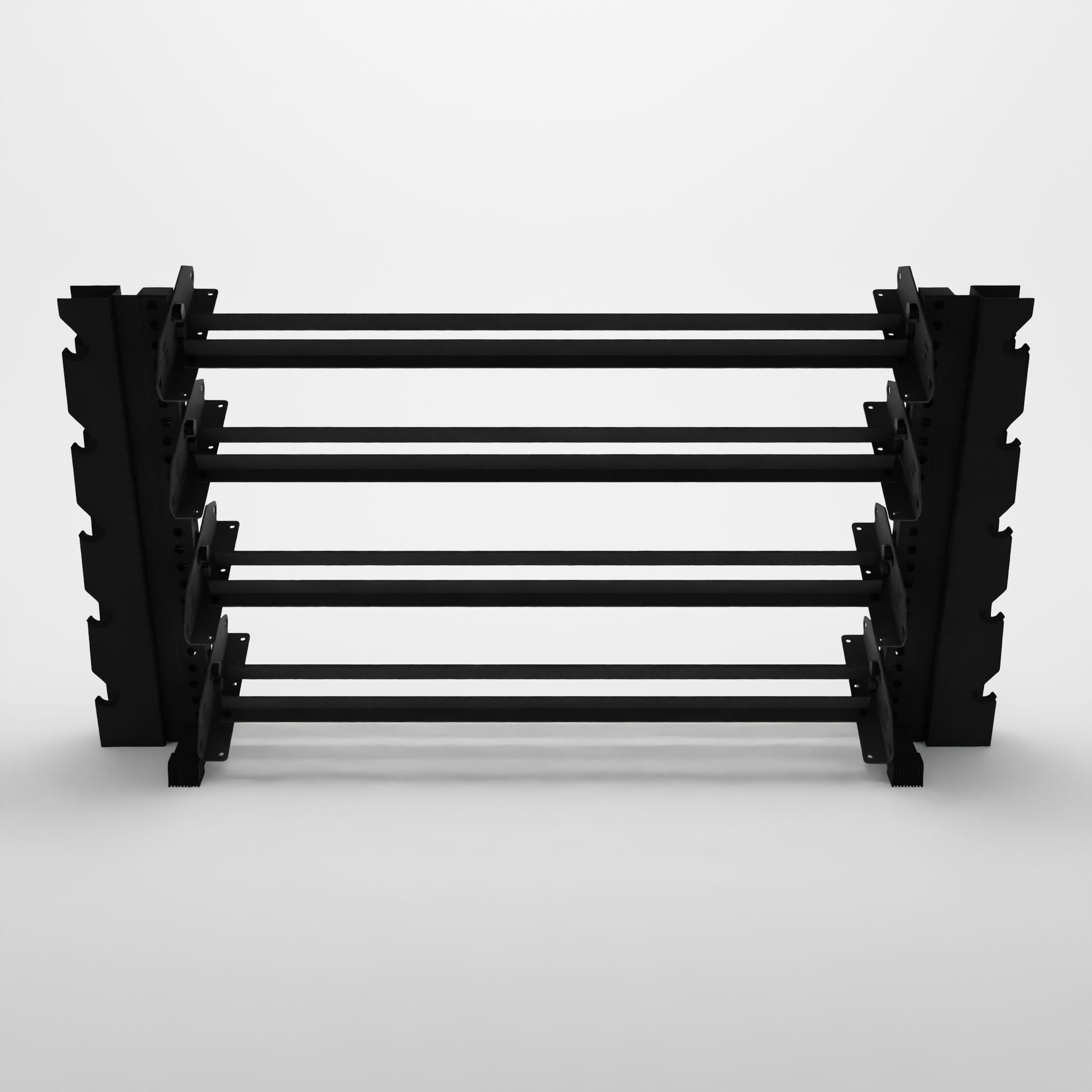 black 70-inch alpha 4-tier horizontal dumbbell rack with elite vertical add-ons