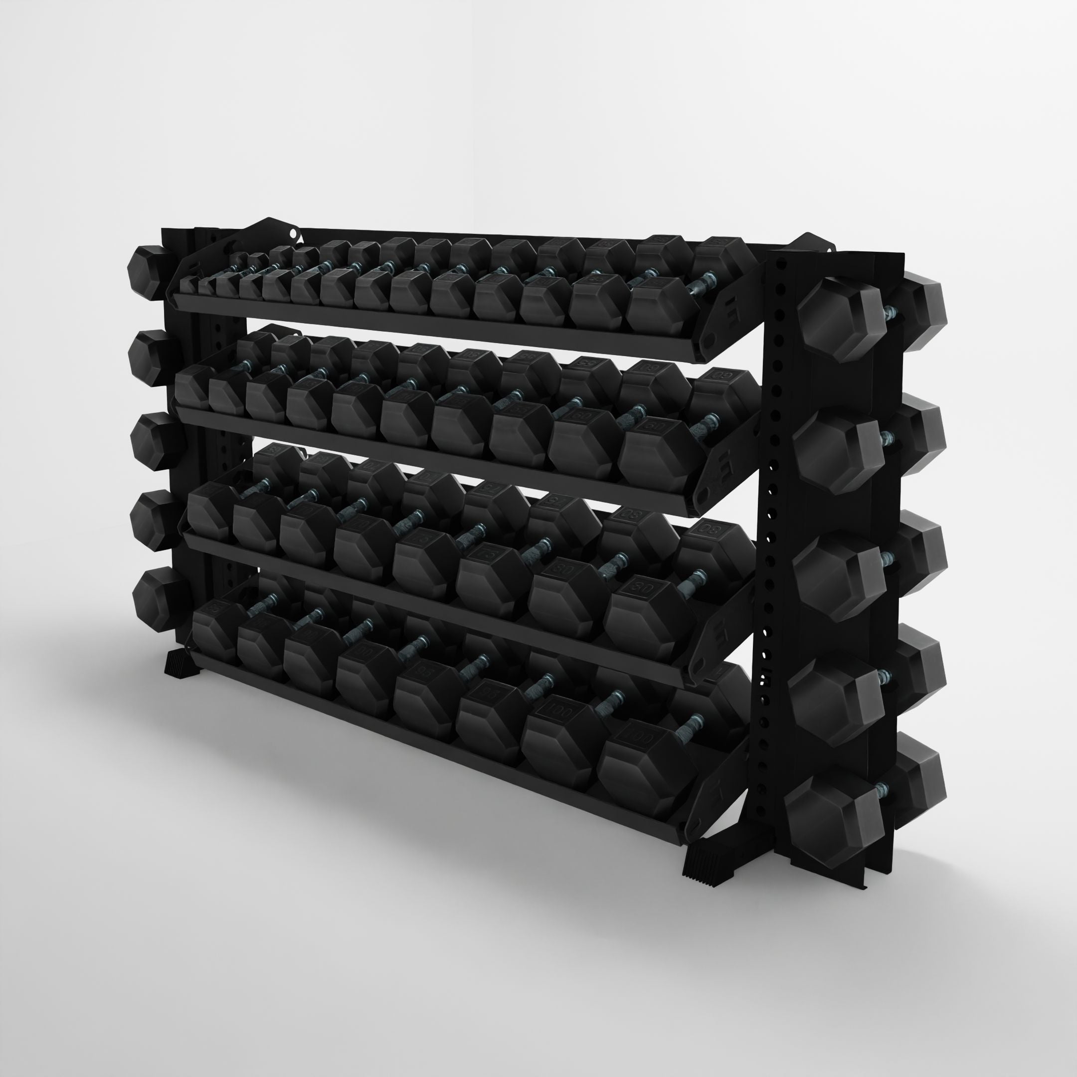 black 70-inch alpha 4-tier horizontal dumbbell rack with elite vertical add-ons and flat shelves storing hex dumbbells side view