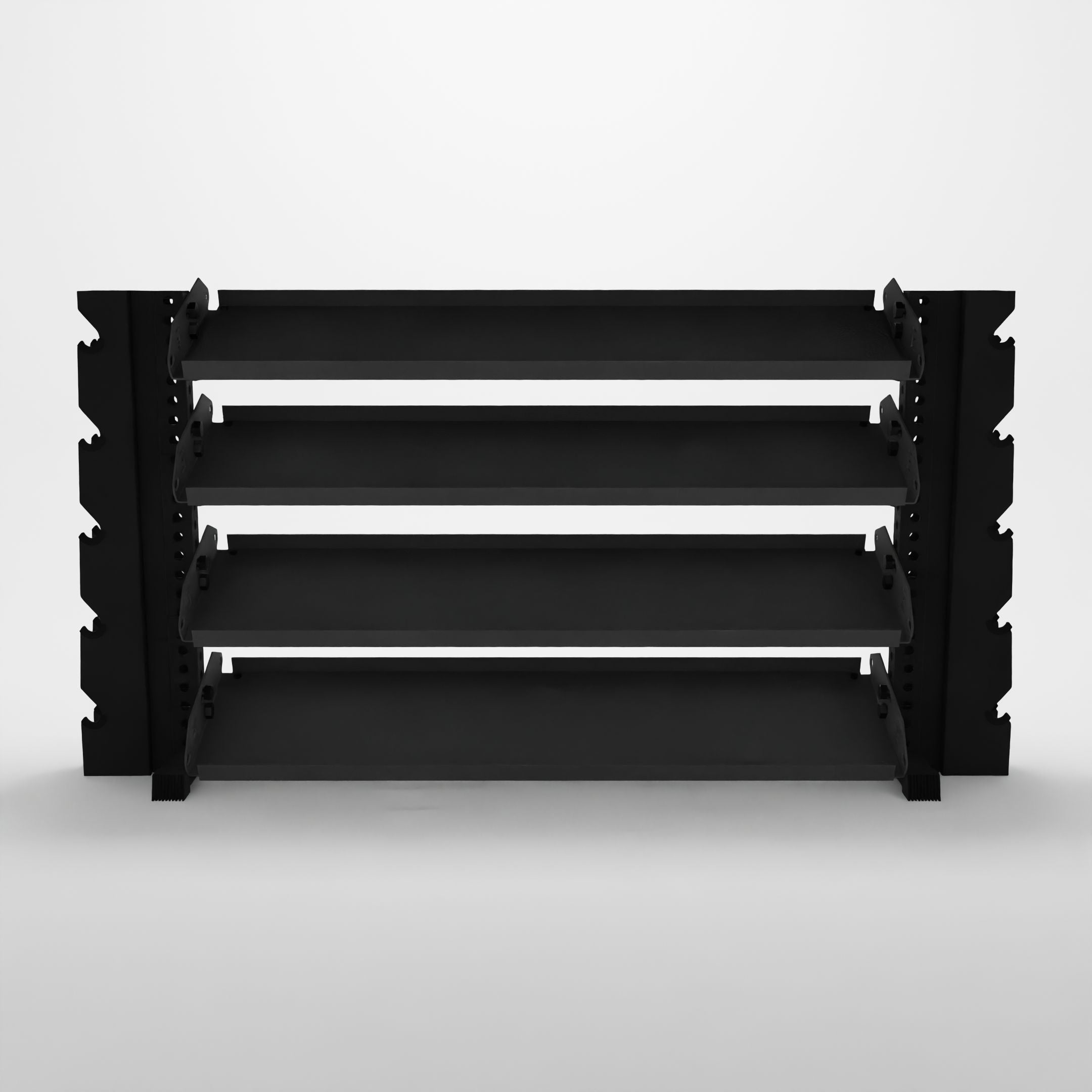 black 70-inch alpha 4-tier horizontal dumbbell rack with elite vertical add-ons and flat shelves