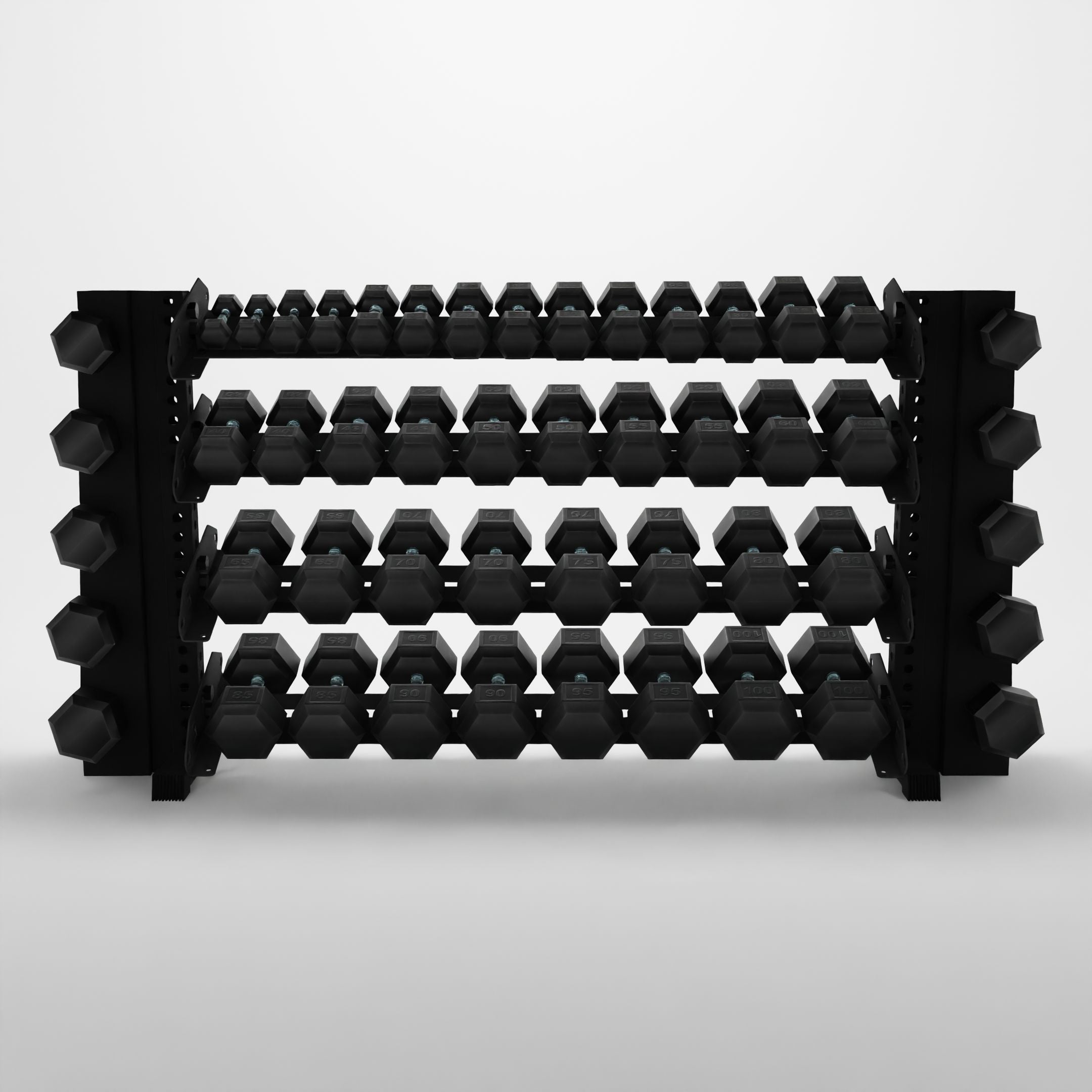 black 70-inch alpha 4-tier horizontal dumbbell rack with elite vertical add-ons storing hex dumbbells