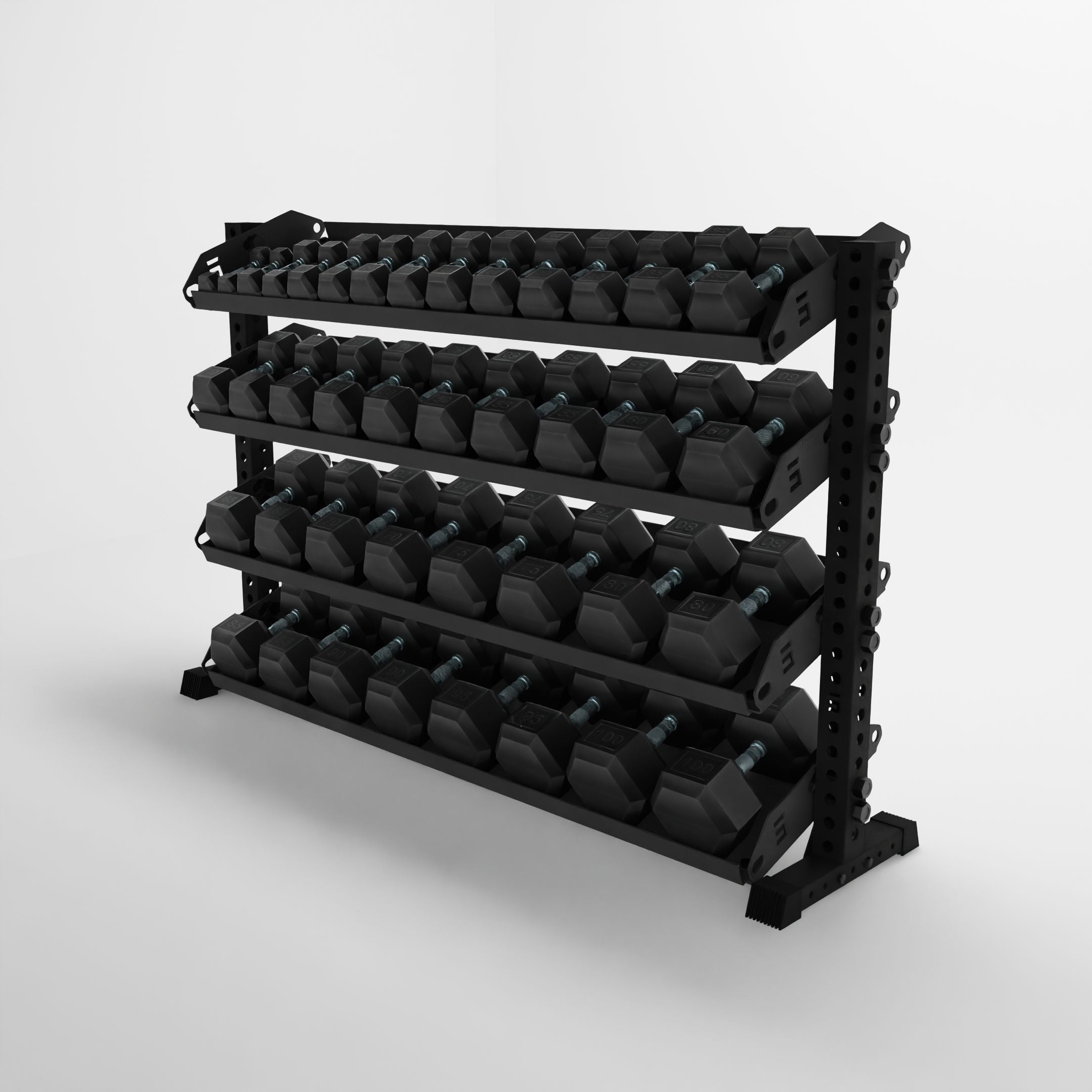 black 70-inch alpha 4-tier horizontal dumbbell rack with flat shelves storing hex dumbbells side view