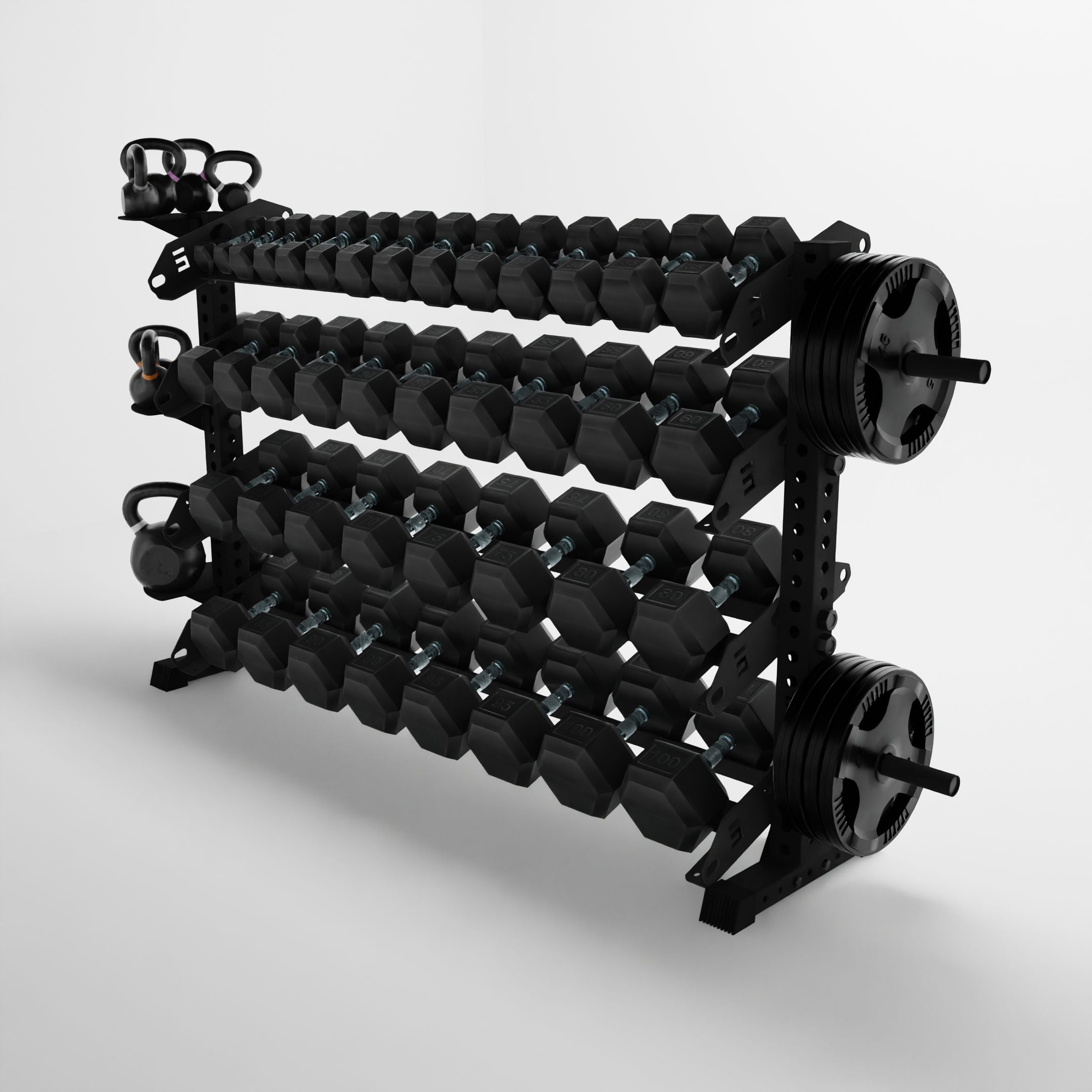 black 70-inch alpha 4-tier horizontal dumbbell rack storing dumbbells, weight plates, and kettlebells using storage attachment accessories