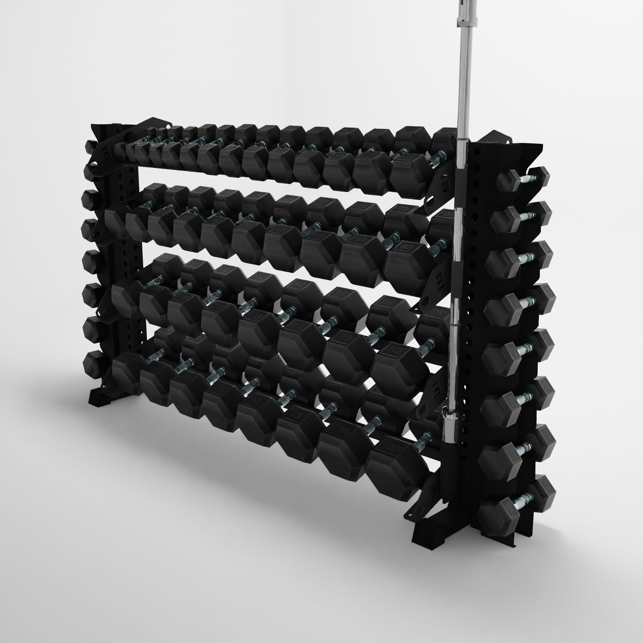 black 70-inch alpha 4-tier horizontal dumbbell rack with vertical add-ons storing hex dumbbells and a barbell using a storage attachment accessory