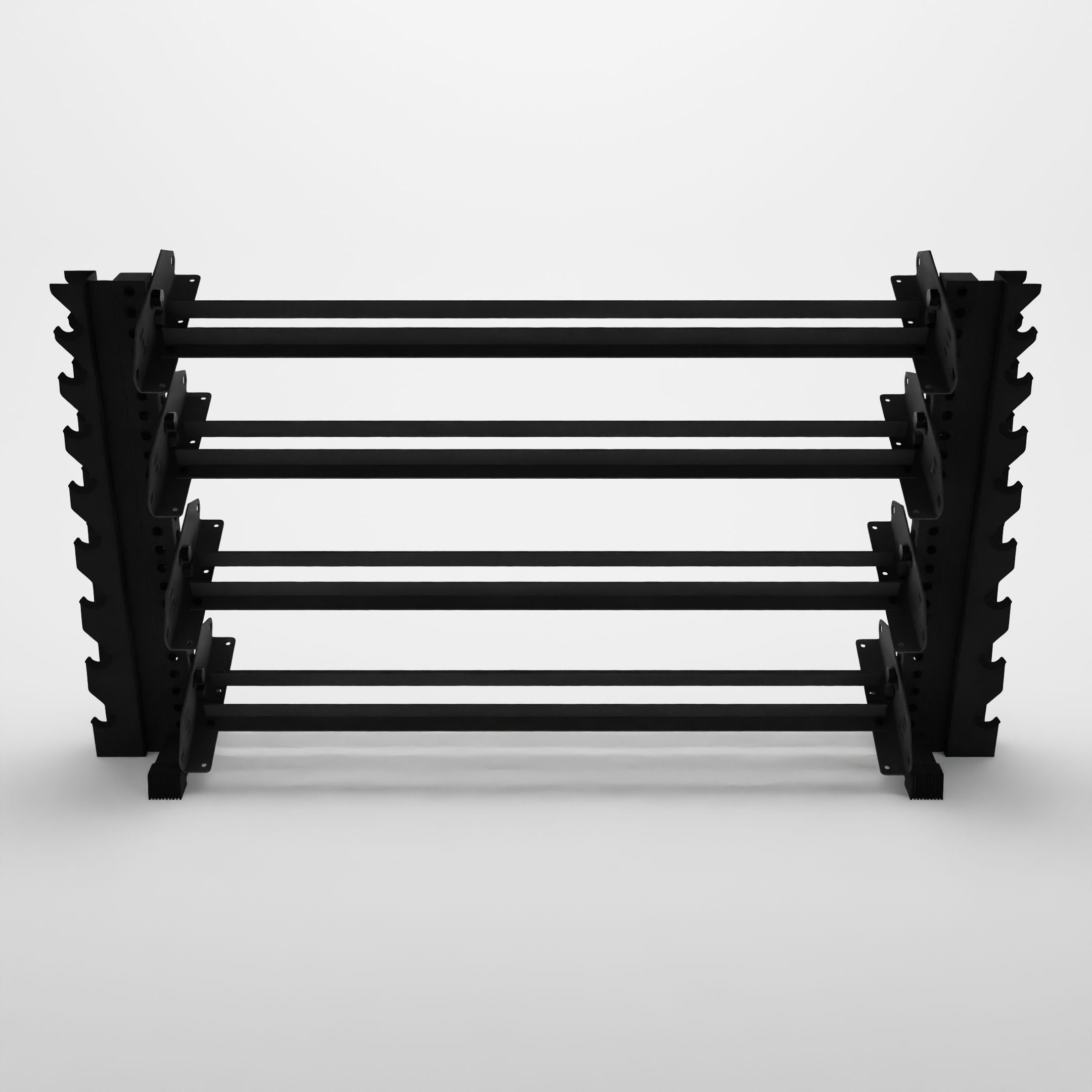 black 70-inch alpha 4-tier horizontal dumbbell rack with vertical add-ons