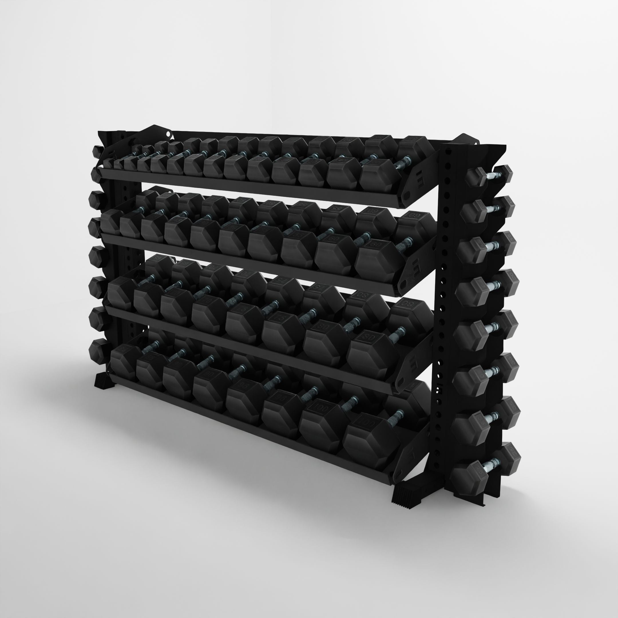 black 70-inch alpha 4-tier horizontal dumbbell rack with vertical add-ons and flat shelves storing hex dumbbells side view