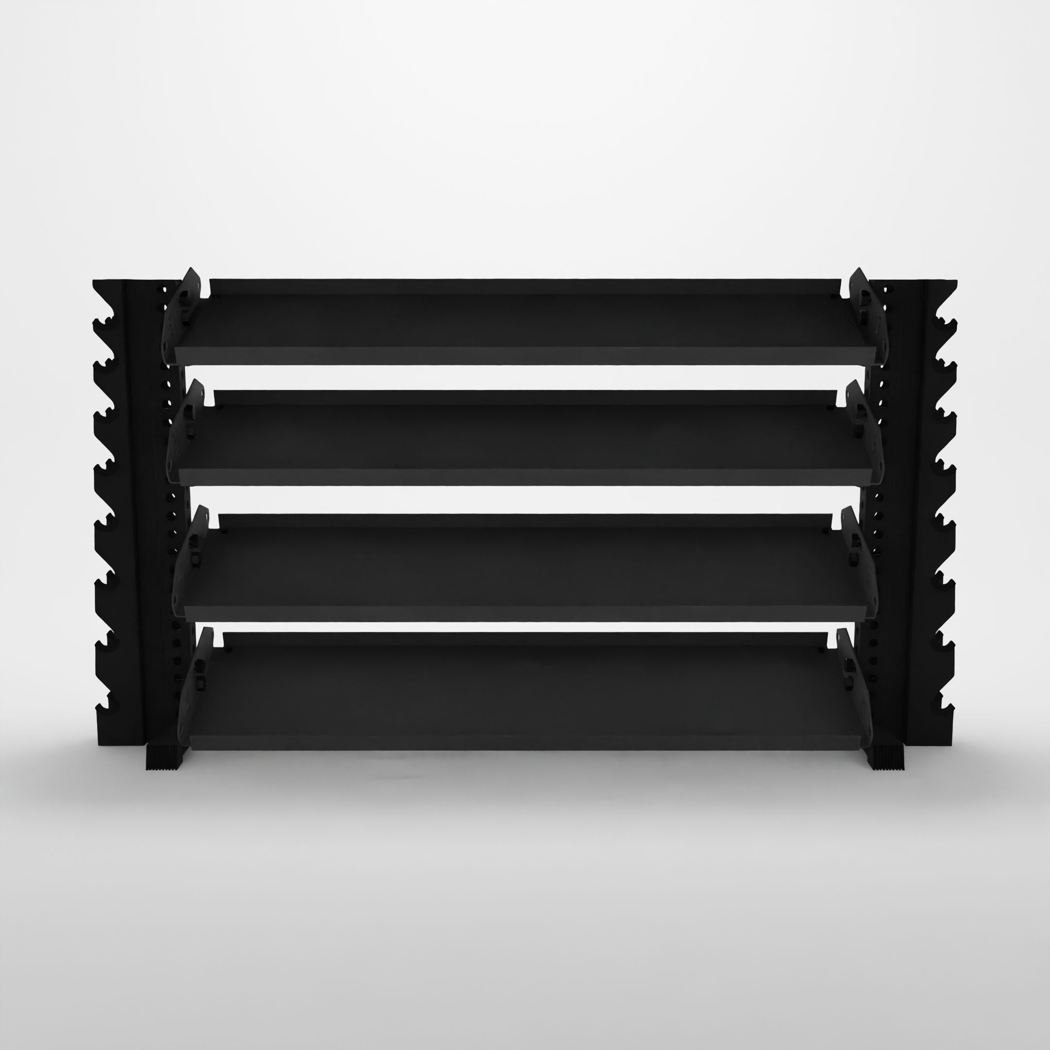 black 70-inch alpha 4-tier horizontal dumbbell rack with vertical add-ons and flat shelves