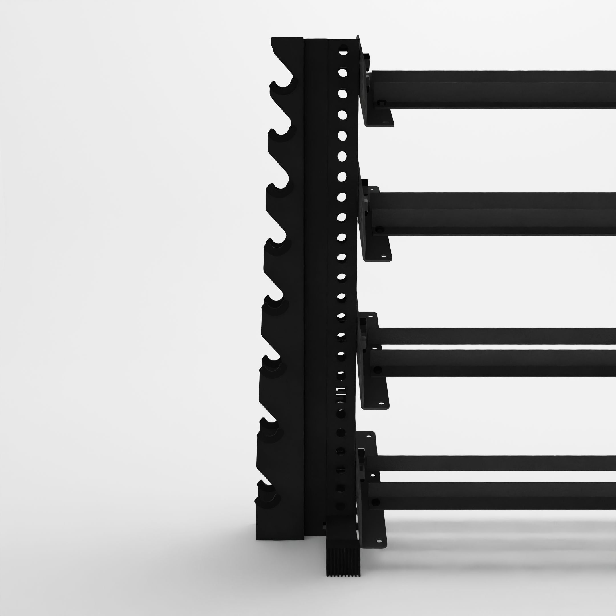 black 70-inch alpha 4-tier horizontal dumbbell rack with vertical add-ons half view