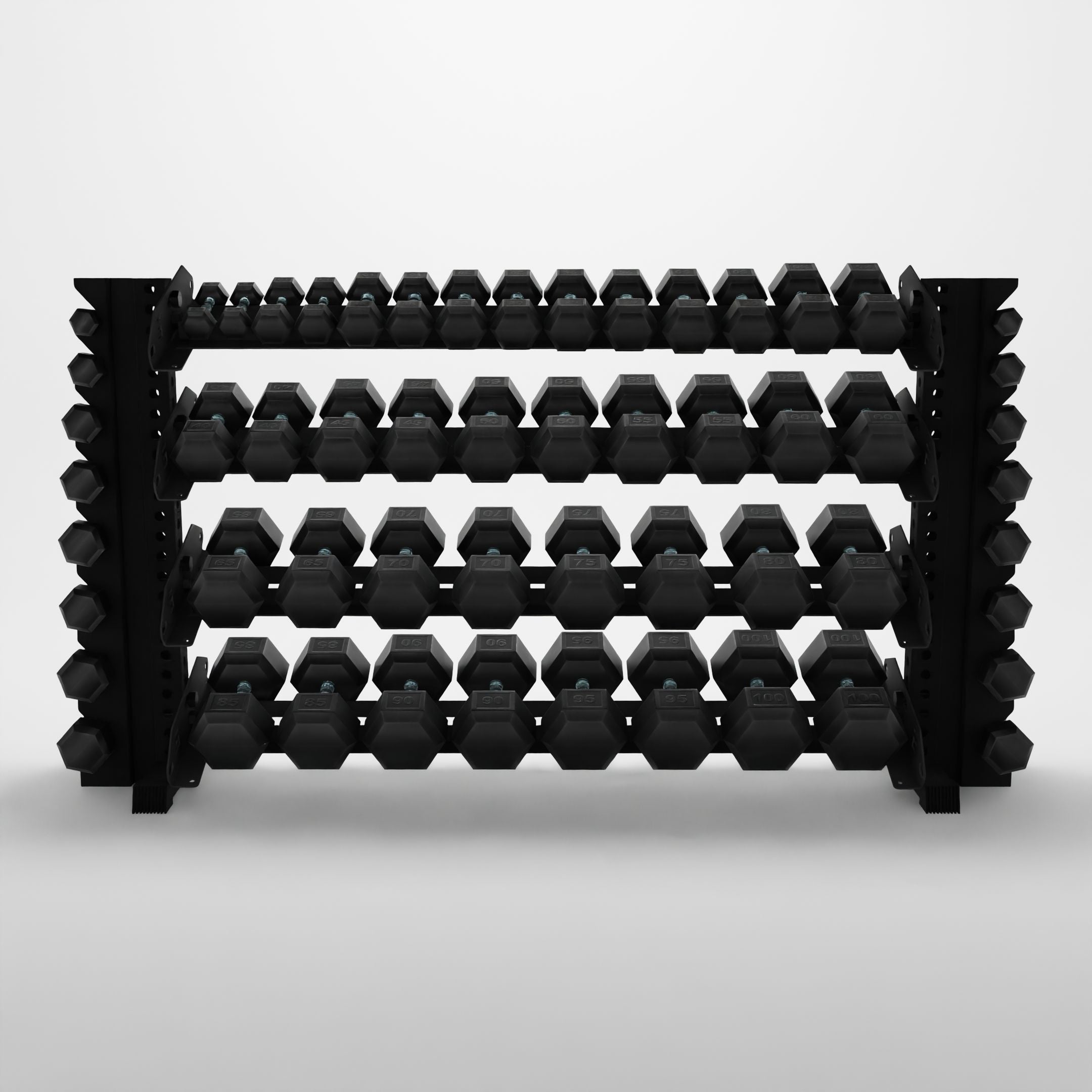 black 70-inch alpha 4-tier horizontal dumbbell rack with vertical add-ons storing hex dumbbells