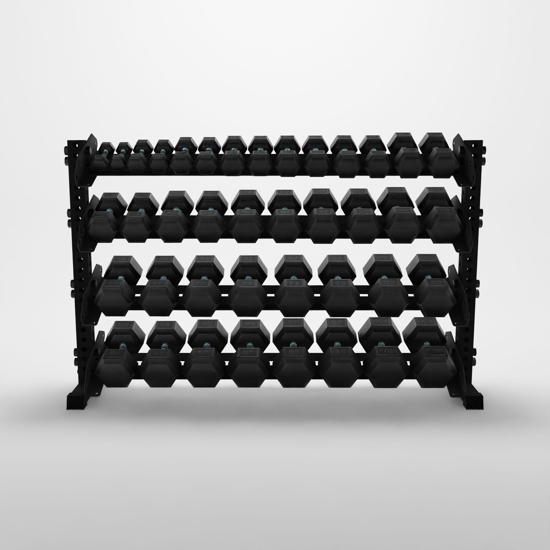 black 70-inch alpha 4-tier horizontal dumbbell rack storing hex dumbbells