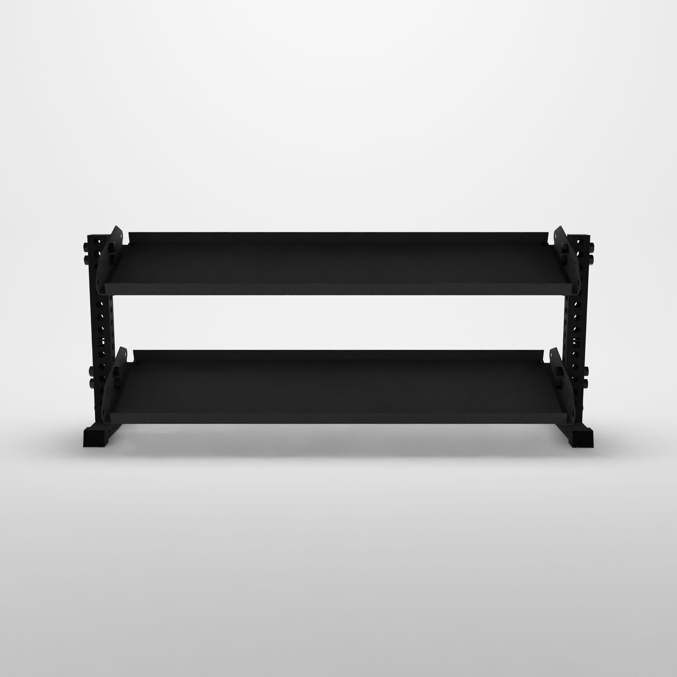 black 70-inch bravo 2-tier horizontal dumbbell rack with flat shelves