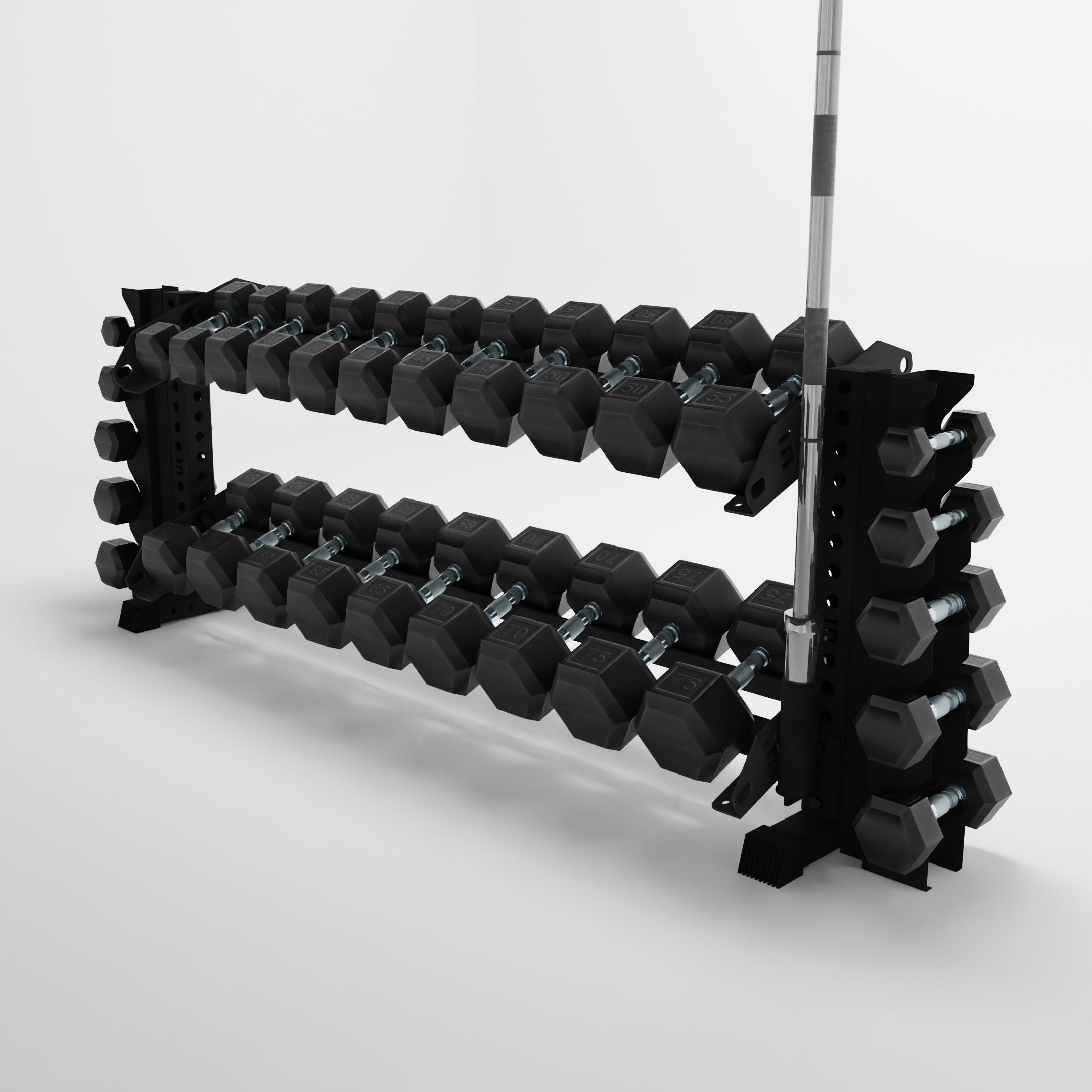 black 70-inch bravo 2-tier horizontal dumbbell rack with vertical add-ons storing dumbbells and barbell using a storage attachment accessory