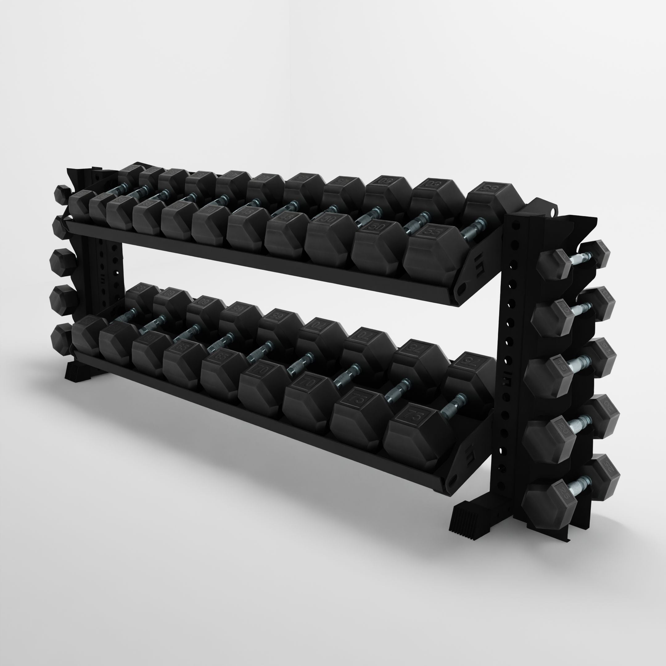 black 70-inch bravo 2-tier horizontal dumbbell rack with vertical add-ons and flat shelves storing hex dumbbells