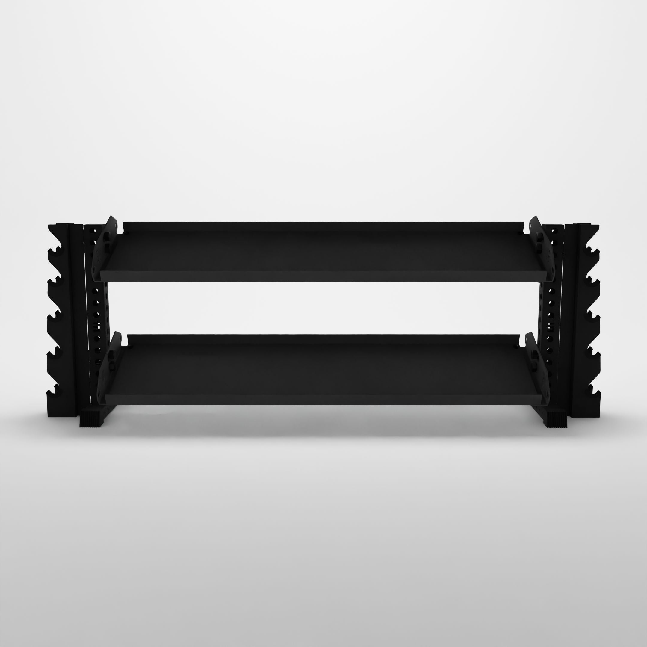 black 70-inch bravo 2-tier horizontal dumbbell rack with vertical add-ons and flat shelves