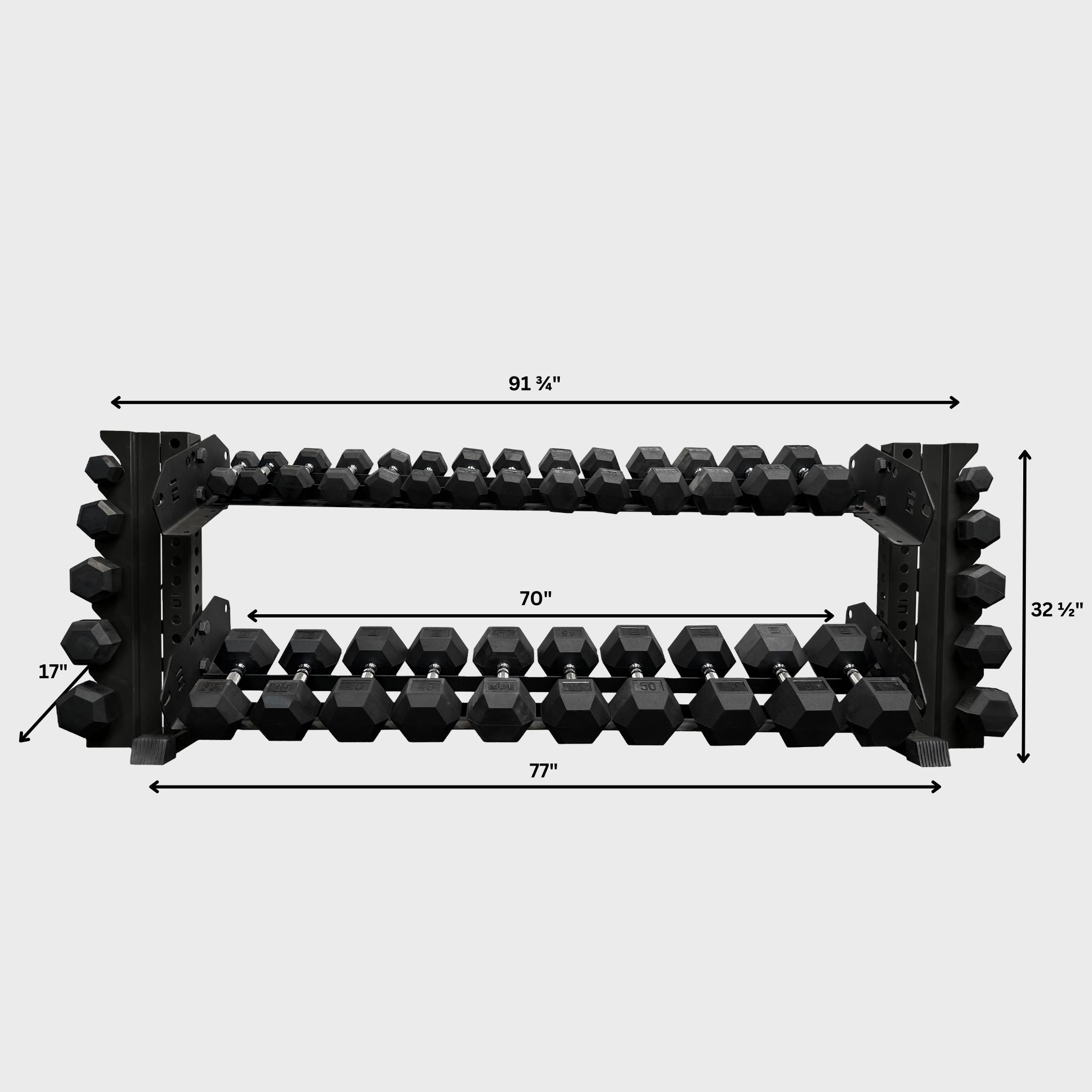 black 70-inch bravo 2-tier horizontal dumbbell storage rack loaded with hex dumbbells and its product dimensions