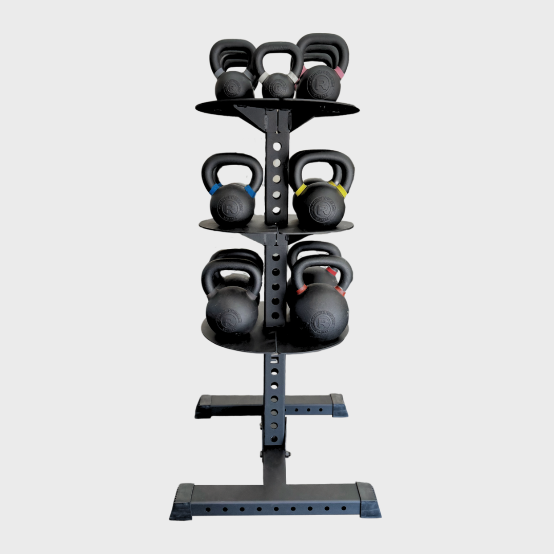 black alpha 3-tier vertical kettlebell storage rack holding various sized kettlebells