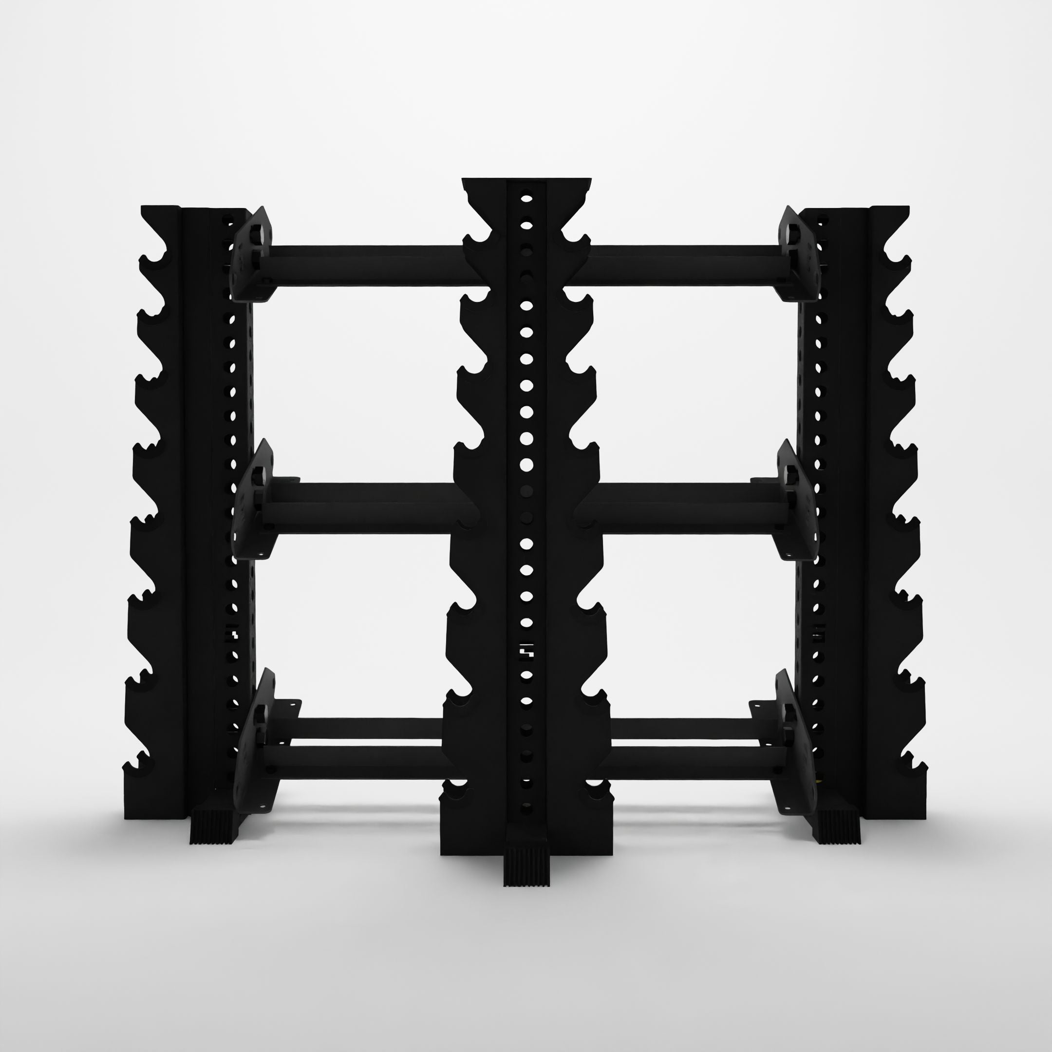 a black vertical dumbbell rack and a black horizontal dumbbell rack