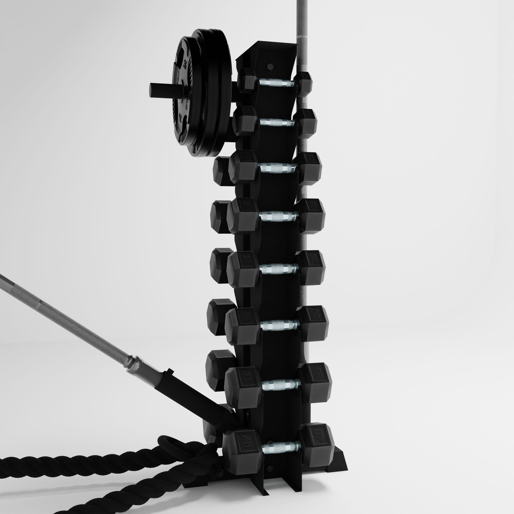 black alpha 8-tier vertical dumbbell storage rack storing dumbbells, weight plates, barbells, and a battle rope using storage attachment accessories