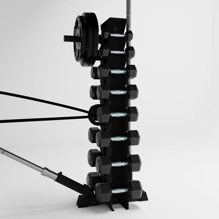 black alpha 8-tier vertical dumbbell storage rack storing dumbbells, weight plates, barbells, and a resistance band using storage attachment accessories