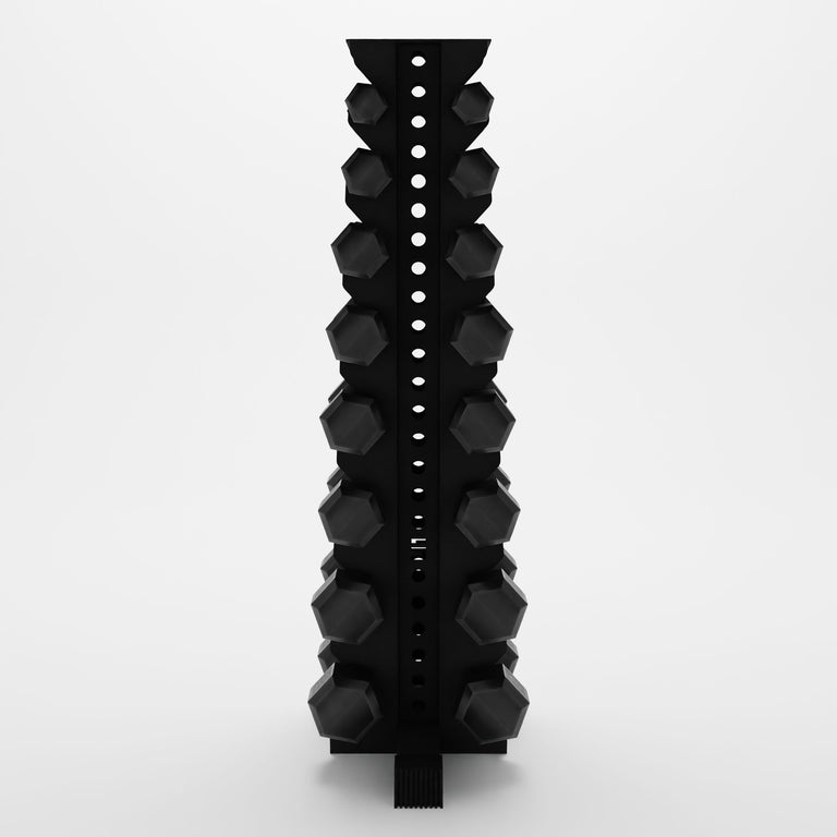 black alpha 8-tier vertical dumbbell storage rack storing hex dumbbells