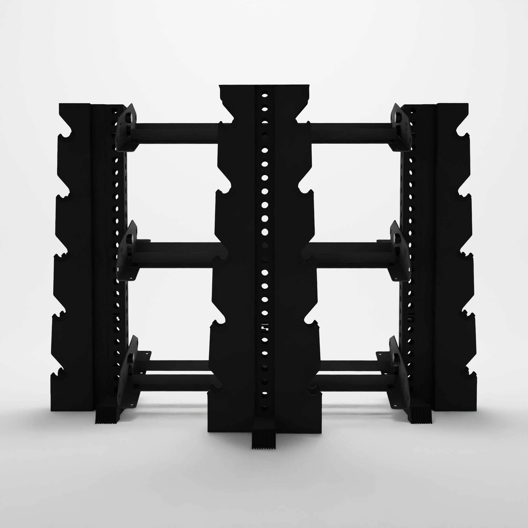 a black vertical dumbbell rack and a black horizontal dumbbell rack