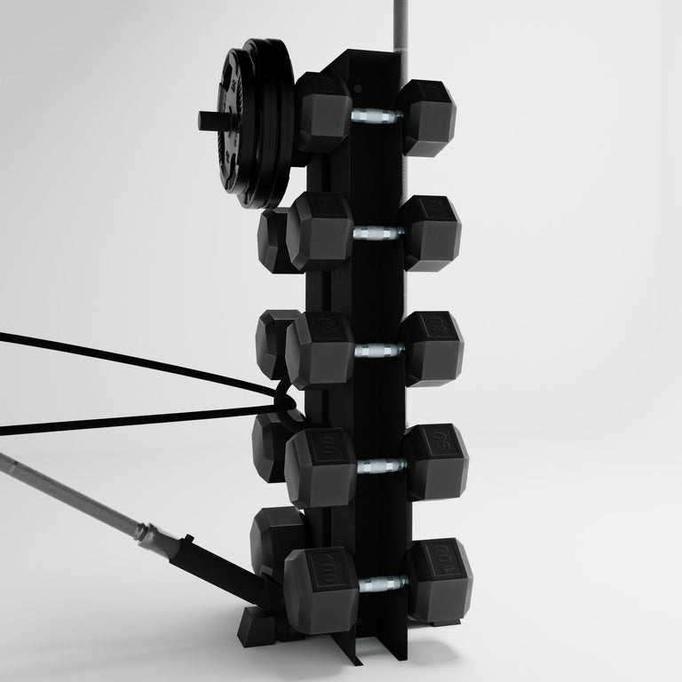 black alpha elite vertical dumbbell storage rack with accessories holding dumbbells, weight plates, barbells, and a resistance band