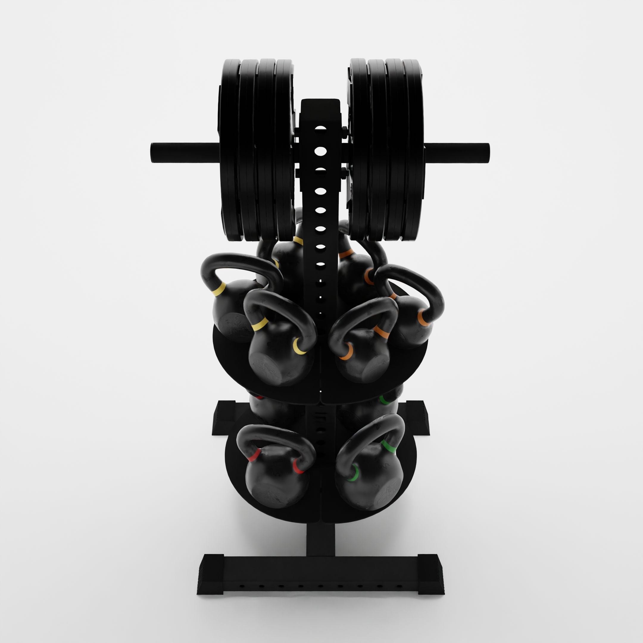 black alpha pk vertical hybrid plate and kettlebell storage rack storing weight plates and kettlebells top view