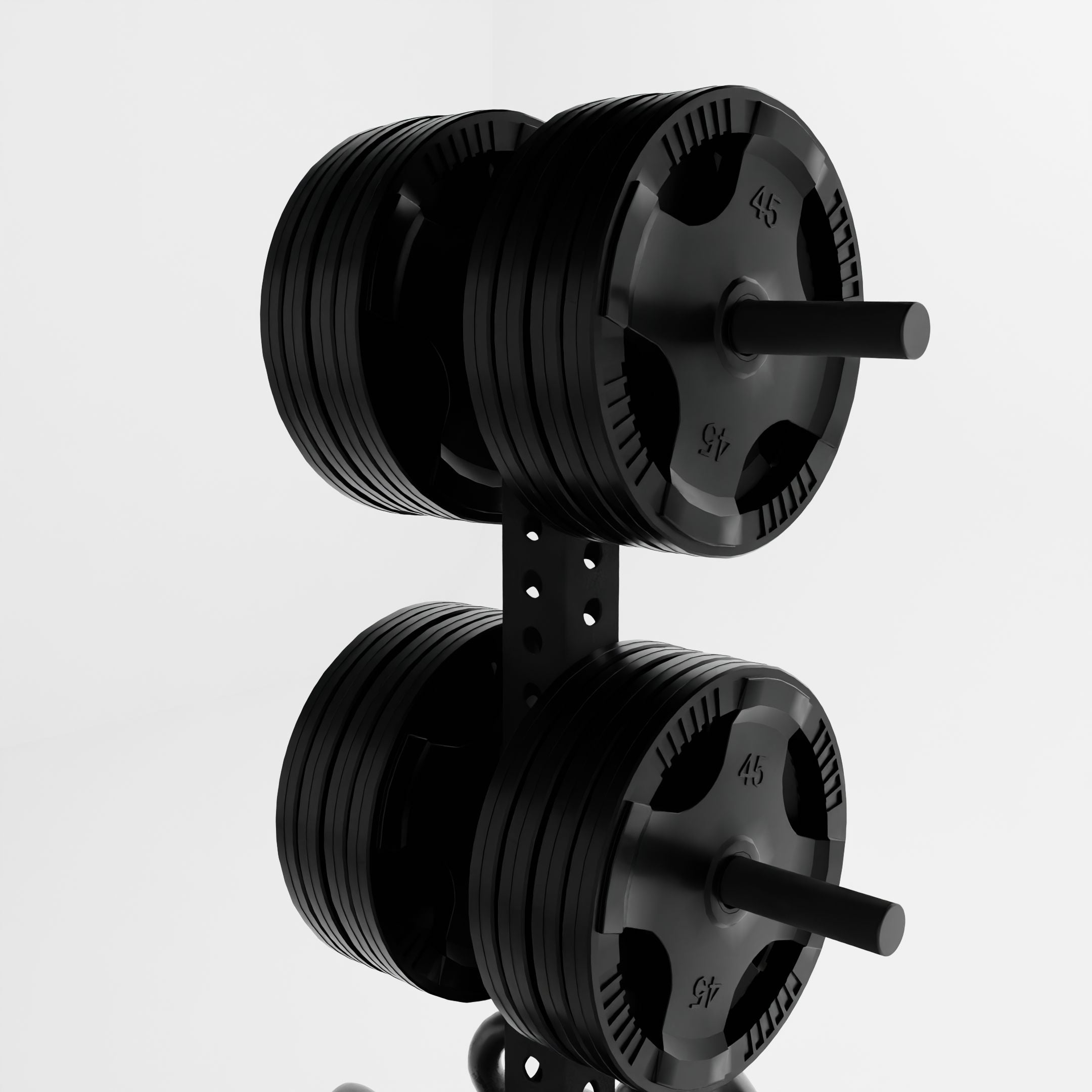 black alpha pk vertical hybrid plate and kettlebell storage rack storing plates top