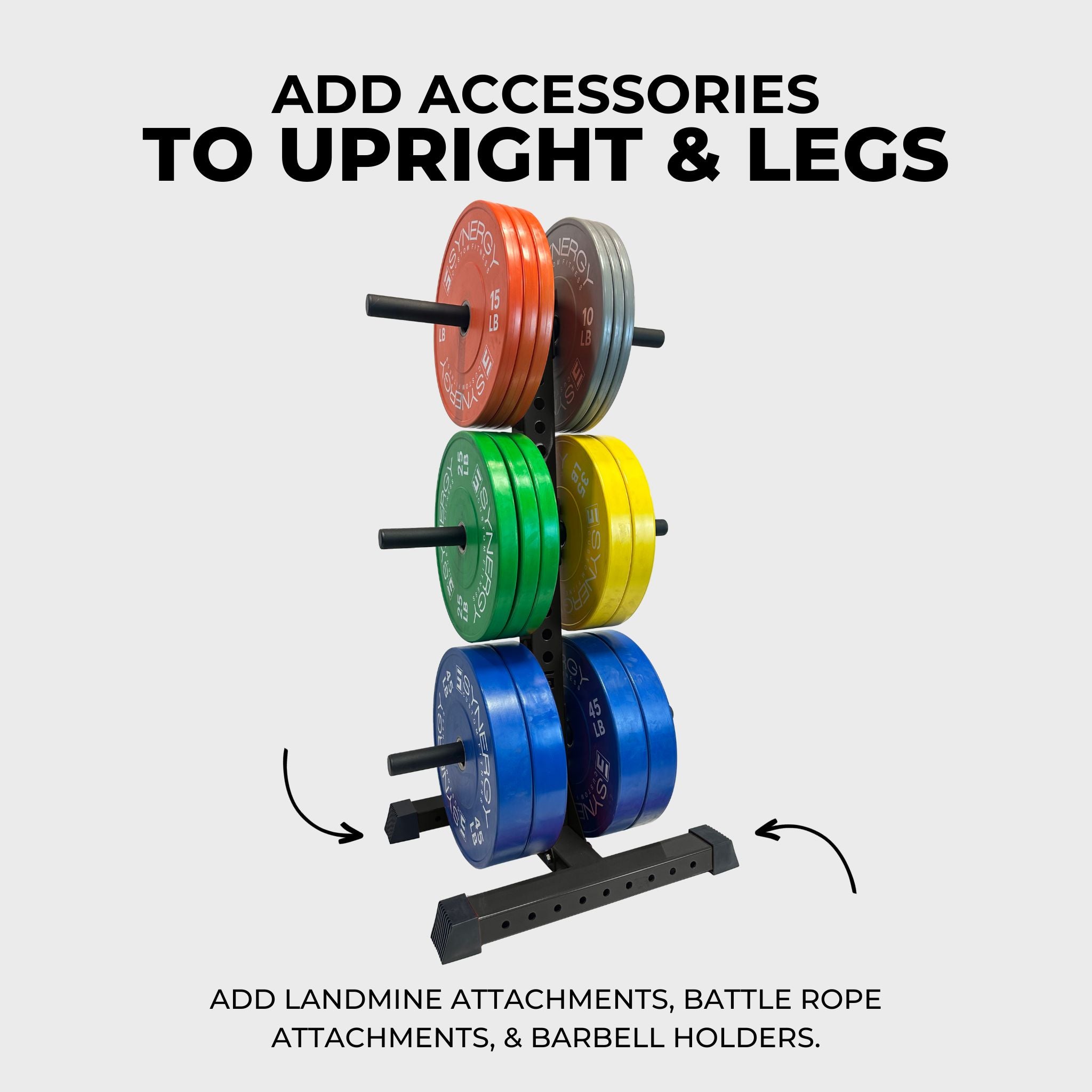 black alpha vertical weight plate storage tree with six weight plate holders holding various weight plates and text that reads "add accessories to upright & legs, add landmine attachments, battle rope attachments, & barbell holders"