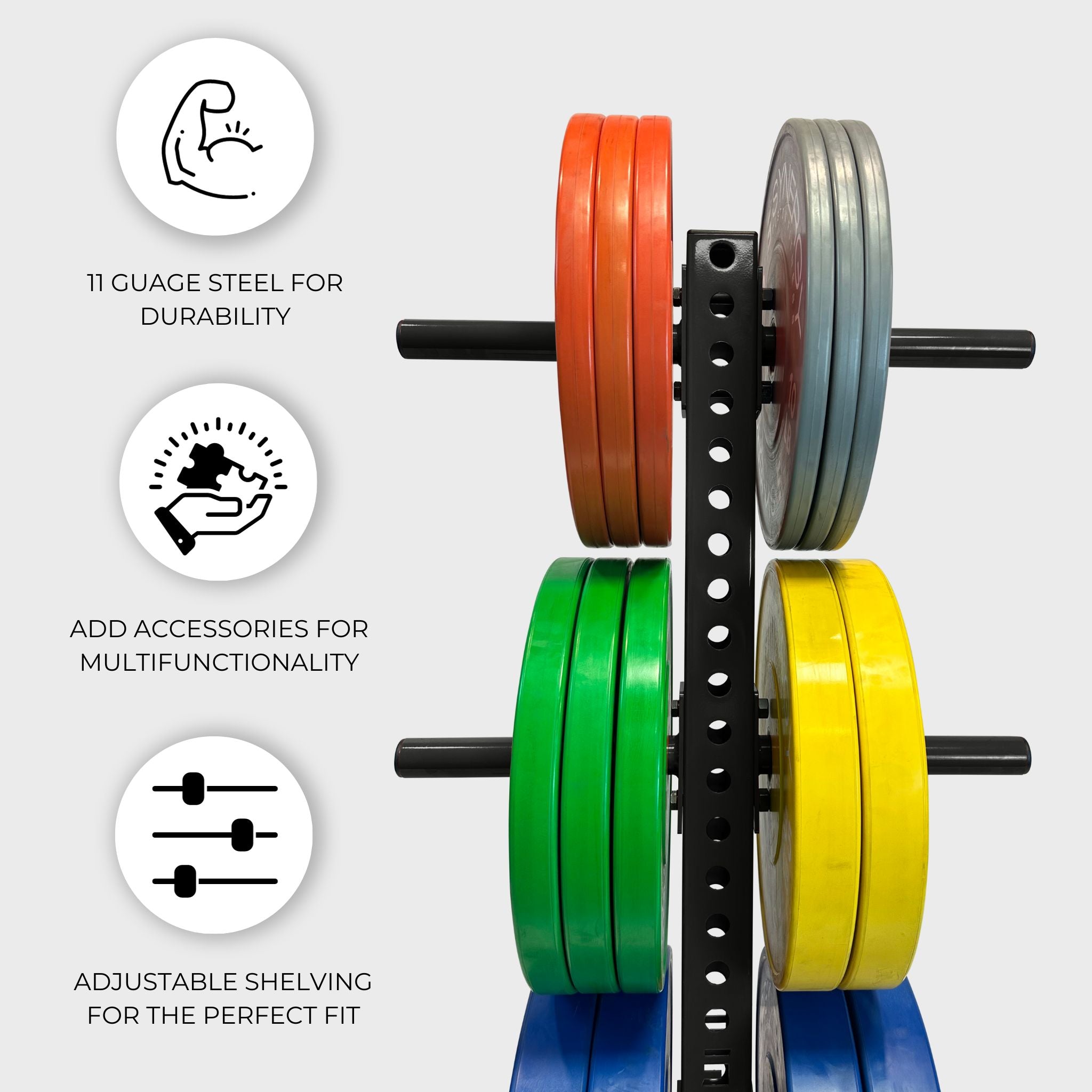 black alpha vertical weight plate storage tree with six weight plate holders holding various weight plates and text that reads "11 gauge steel for durability, add accessories for multifunctionality, adjustable shelving for the perfect fit"