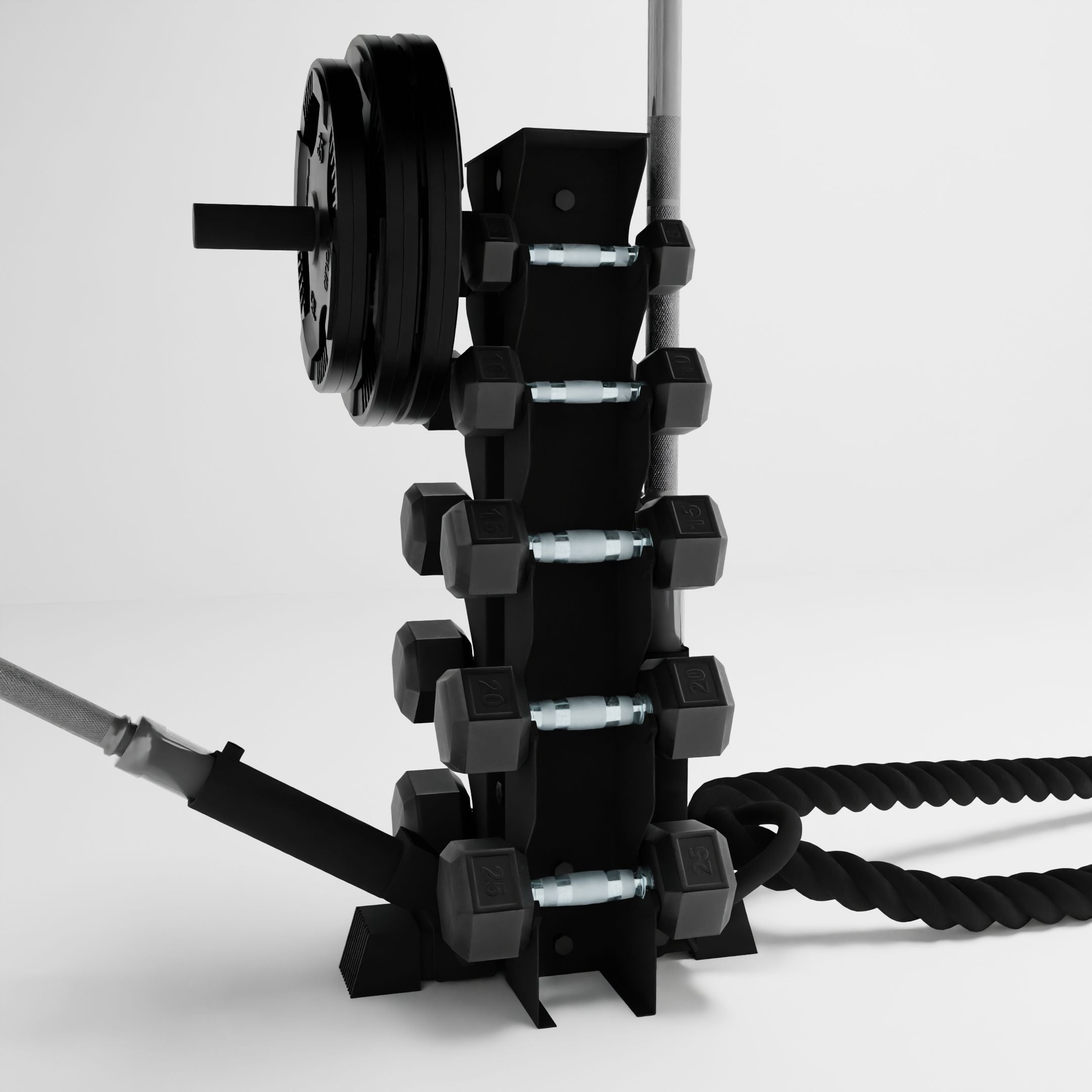 black bravo 5-tier vertical dumbbell storage rack storing dumbbells, weight plates, barbells, and a battle rope using storage attachment accessories