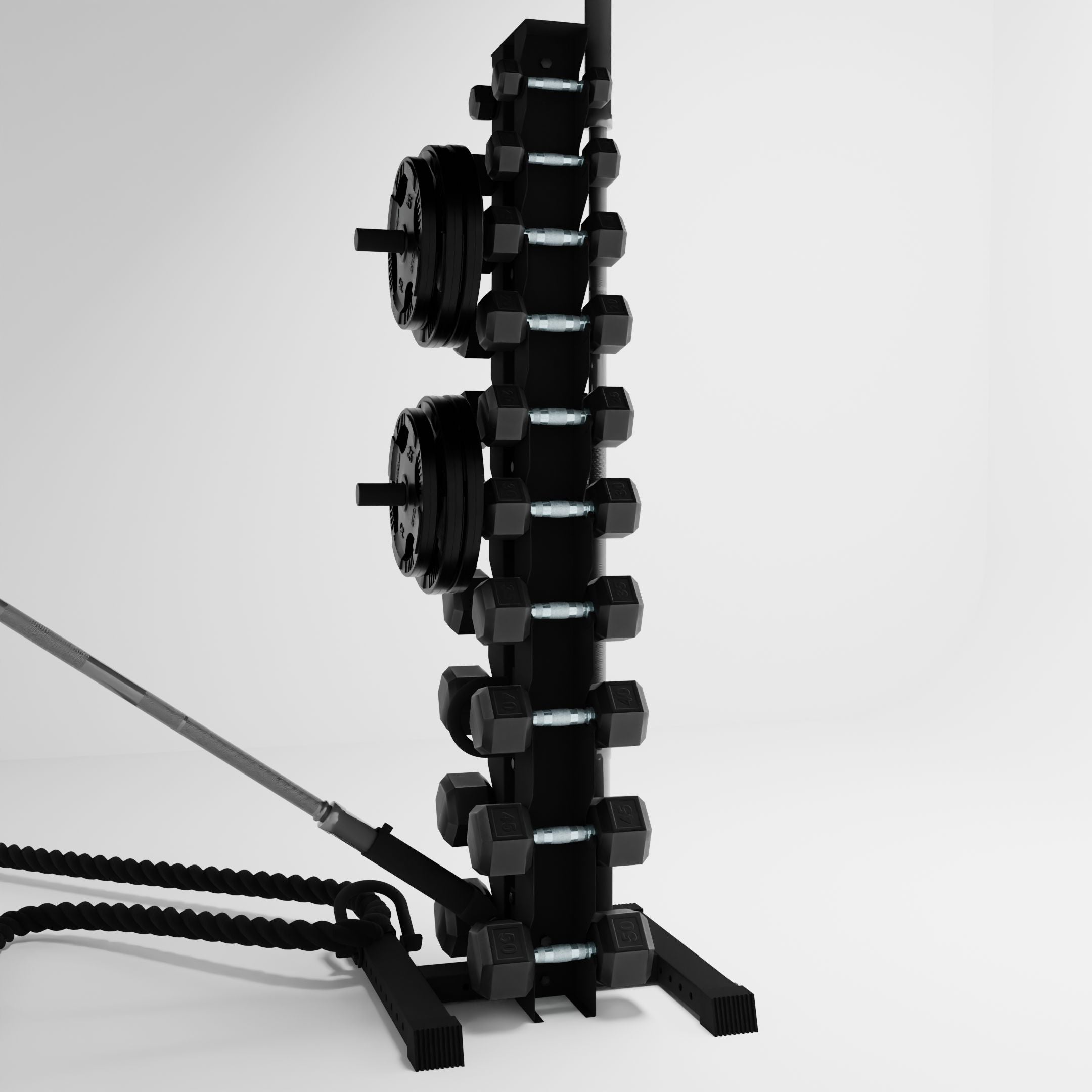 black delta 10-tier vertical dumbbell storage rack storing dumbbells, weight plates, barbells, and a battle rope using storage attachment accessories