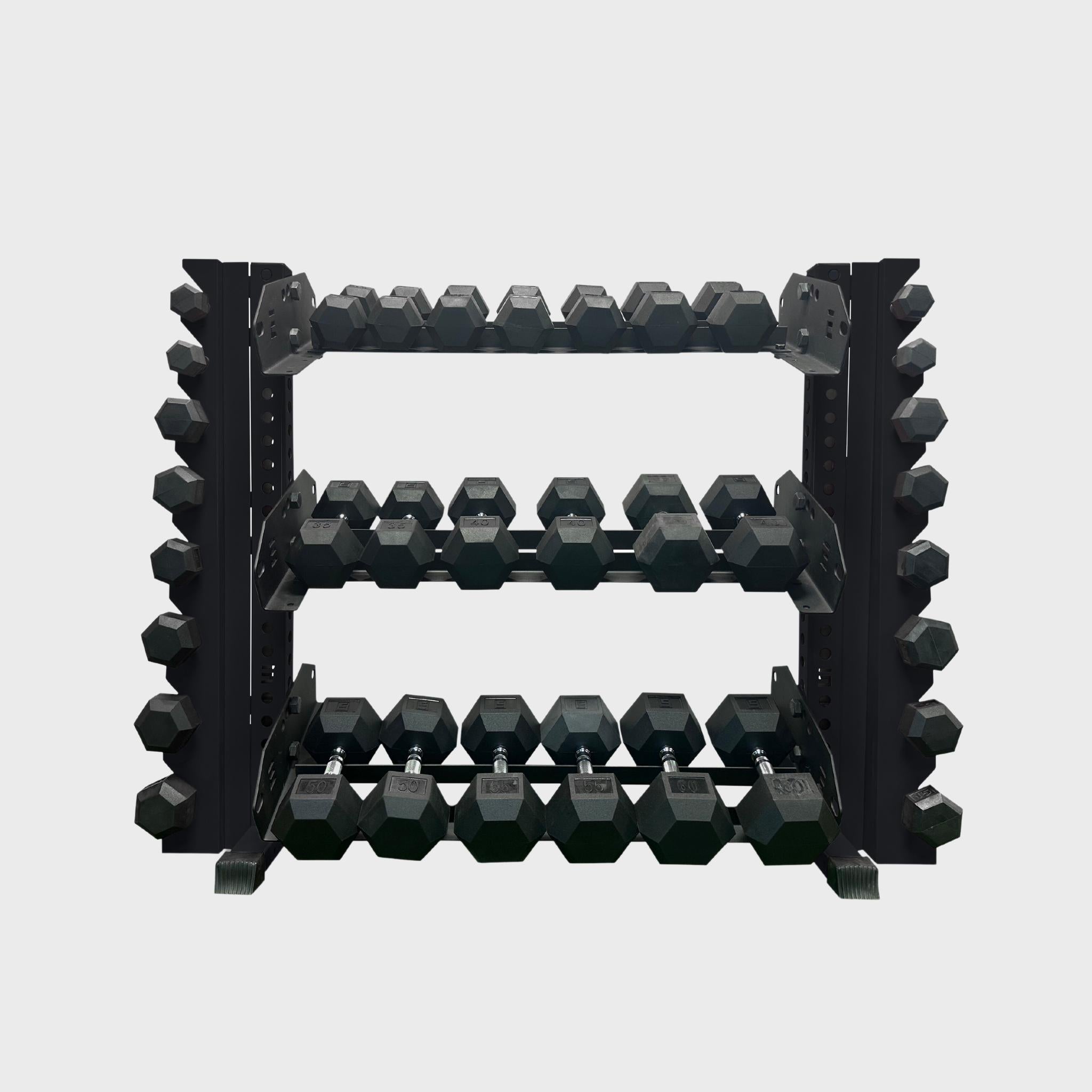 43 inch black alpha 3-tier horizontal dumbbell rack loaded with hex dumbbells and vertical add-ons