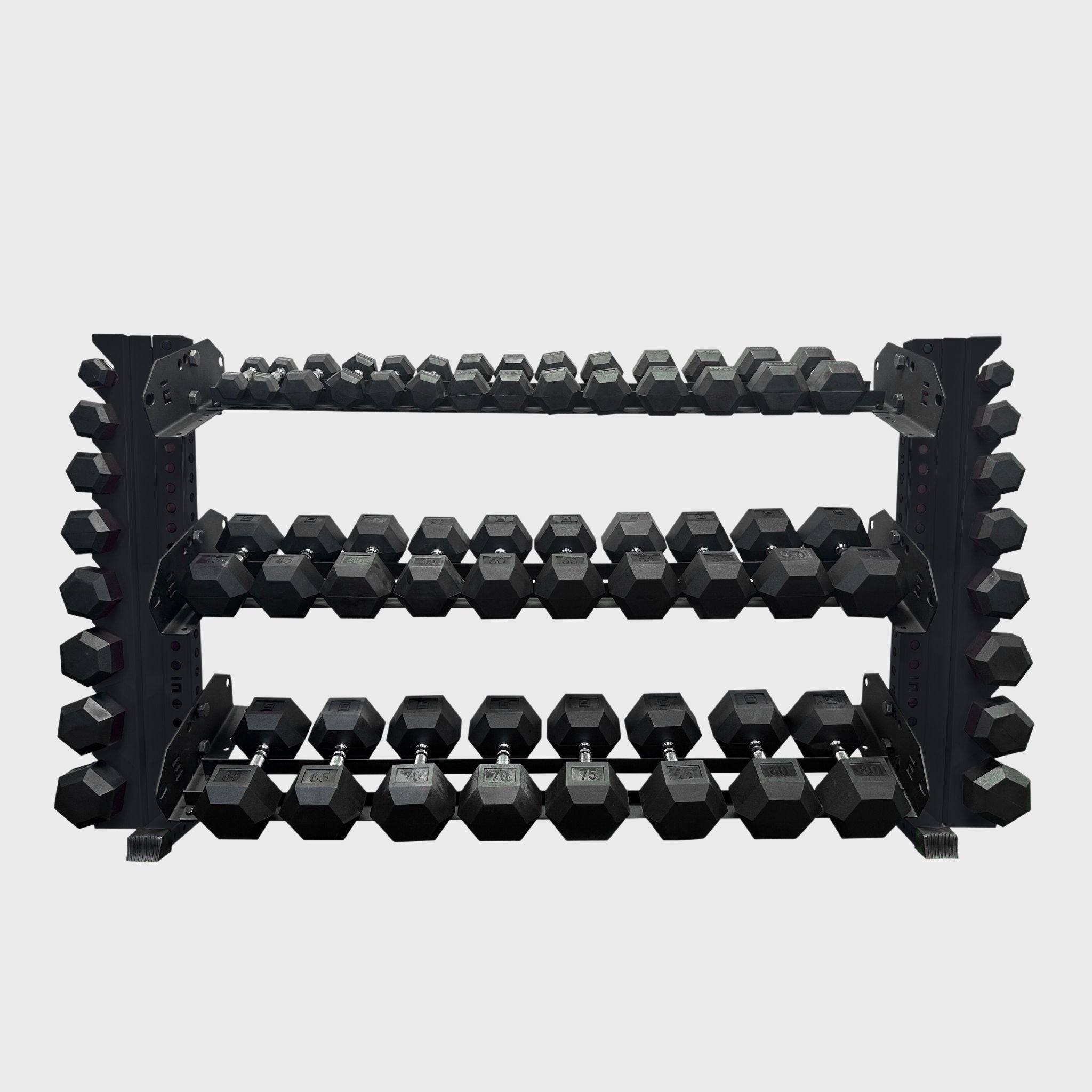 70 inch black alpha 3-tier horizontal dumbbell rack loaded with hex dumbbells and vertical add-ons