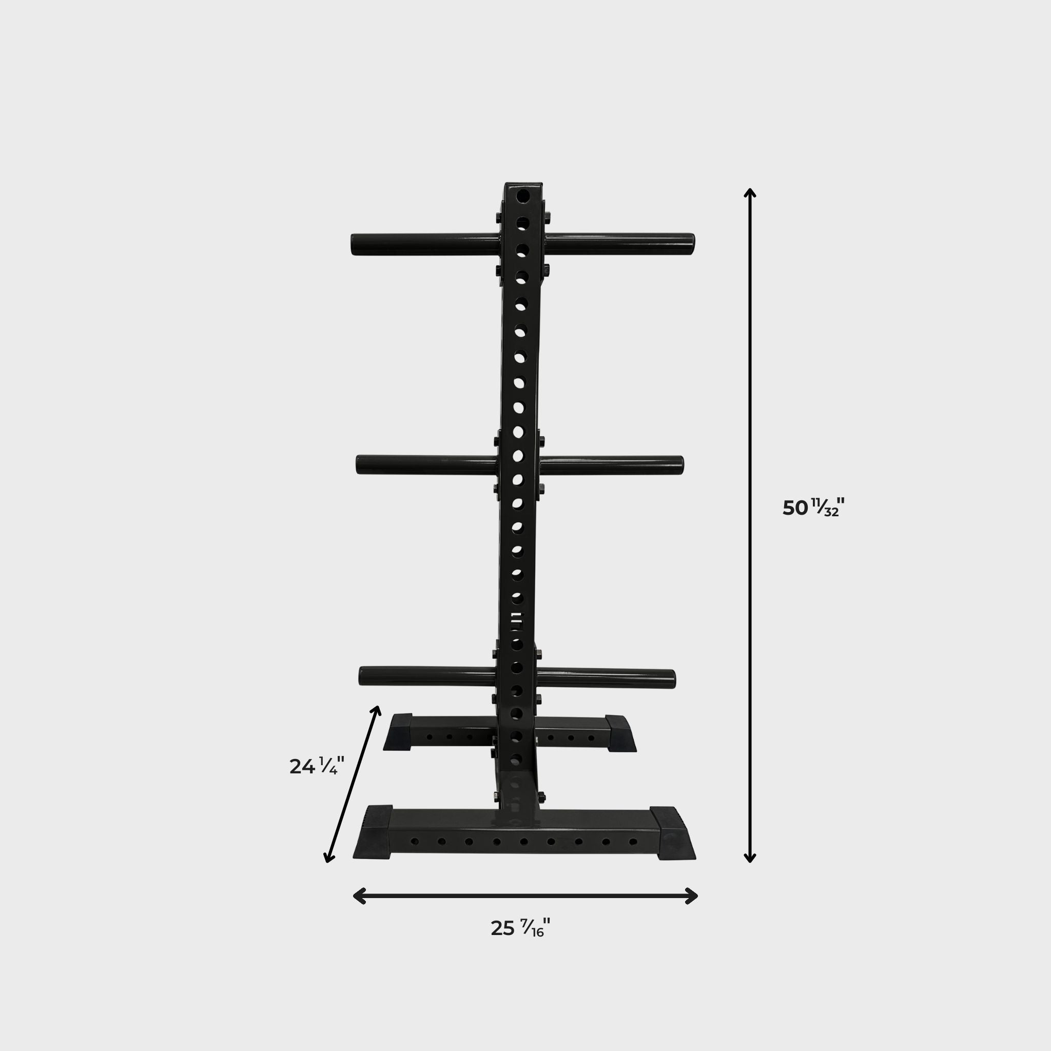 black vertical weight plate storage tree with six weight plate holders and its dimensions: height 50 11/32 inches, length 25 7/16 inches, width 24 1/4 inches