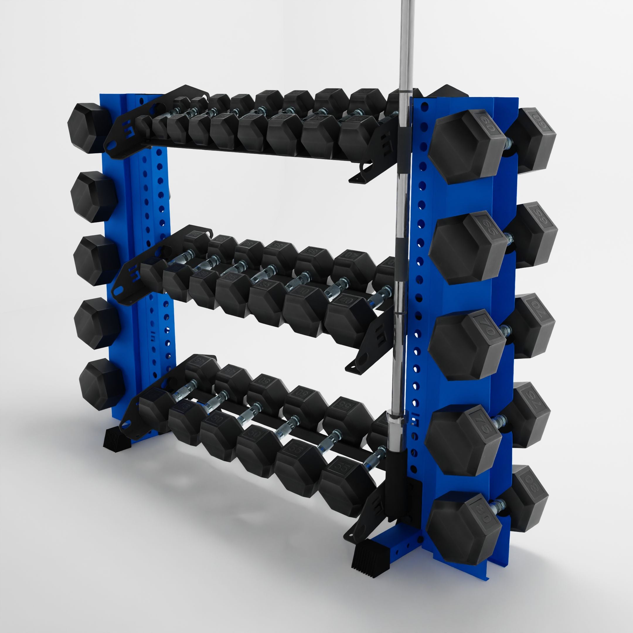 blue 43-inch alpha 3-tier horizontal dumbbell rack with elite vertical add-ons storing dumbbells and a barbell using a storage attachment accessory